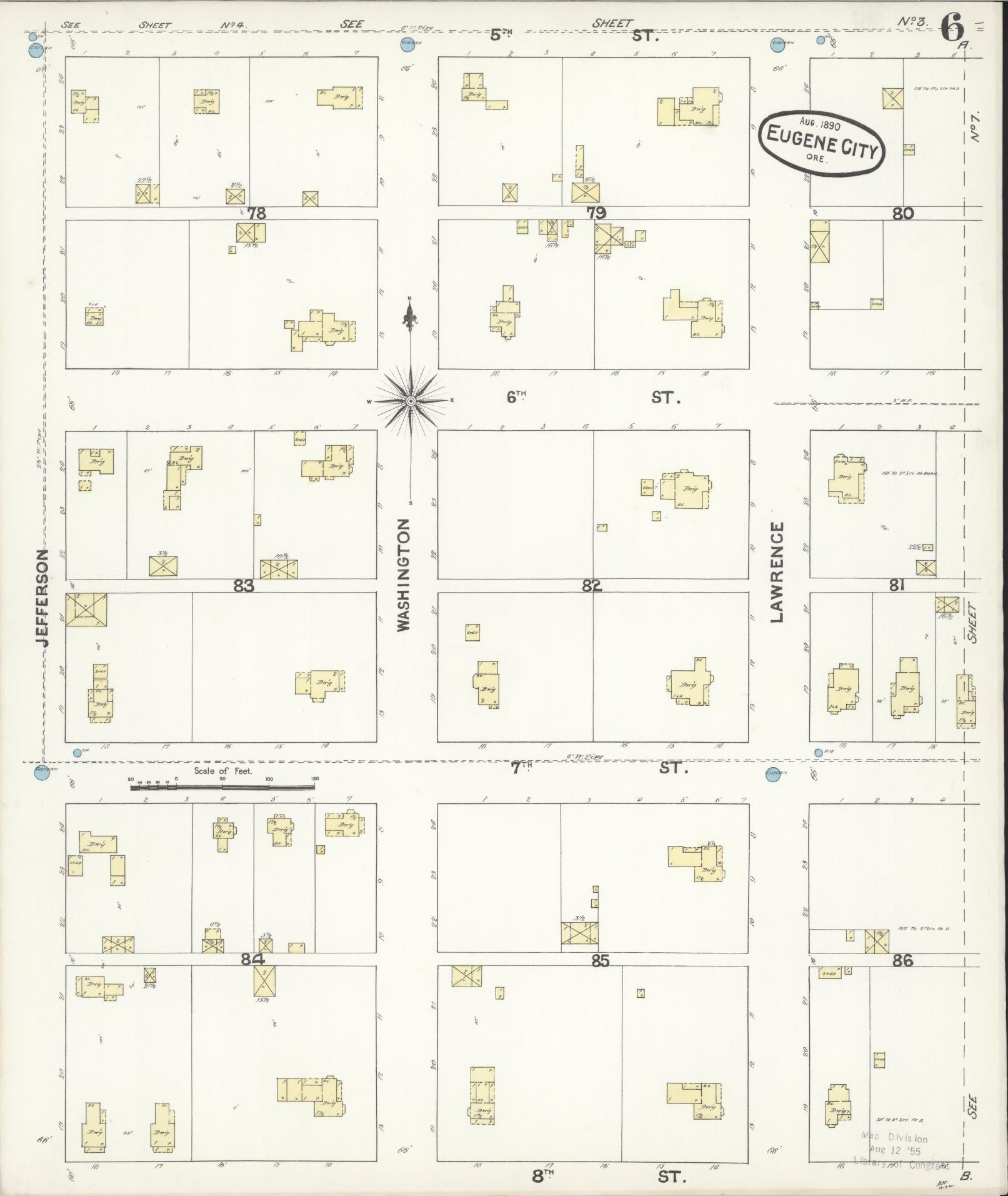 Sanborn Fire Insurance Map from Eugene, Lane County, Oregon (1890), Sheet #0006 - Historic Sanborn Fire Insurance Map Print, vintage old map wall art, antique decor, genealogy gift, Oregon Oregon map
