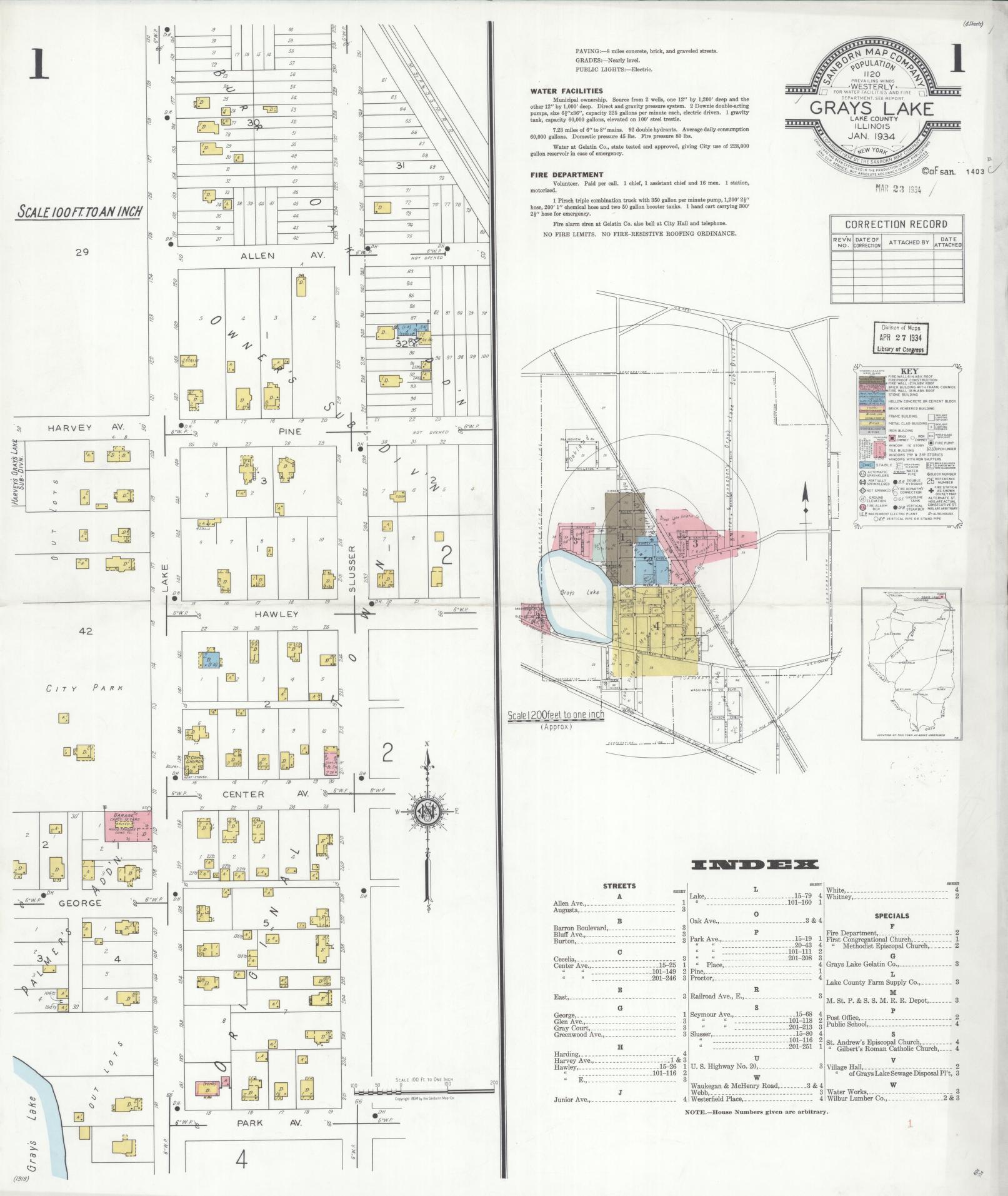 Sanborn Fire Insurance Map from Grays Lake, Lake County, Illinois (1934), Sheet #0001 - Historic Sanborn Fire Insurance Map Print, vintage old map wall art, antique decor, genealogy gift, Illinois Illinois map