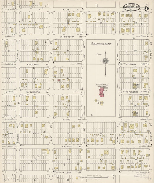 Sanborn Fire Insurance Map from Kingsville, Kleberg County, Texas (1922), Sheet #0009 - Historic Sanborn Fire Insurance Map Print, vintage old map wall art, antique decor, genealogy gift, Texas Texas map