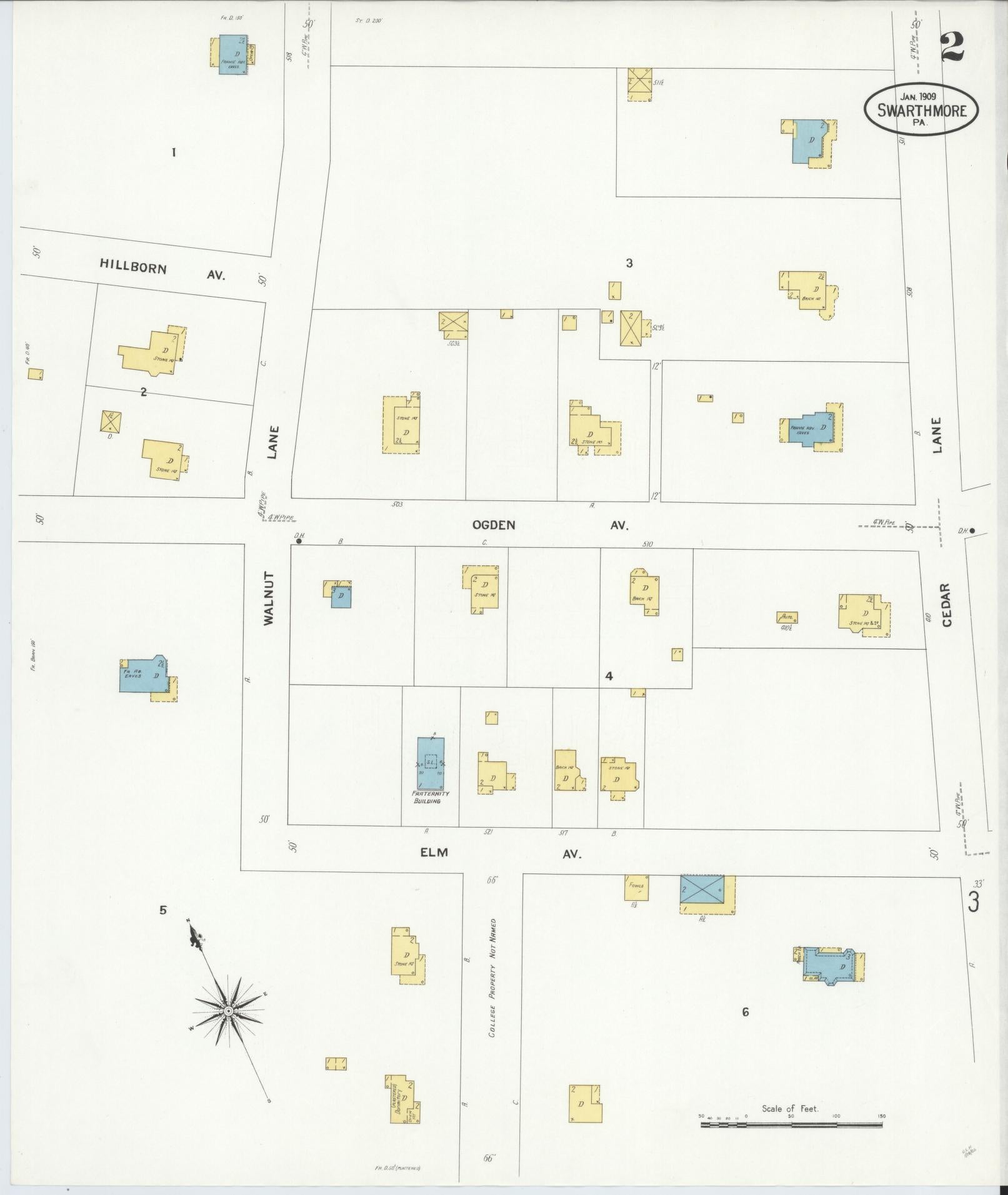 Sanborn Fire Insurance Map from Swarthmore, Delaware County, Pennsylvania (1909), Sheet #0002 - Historic Sanborn Fire Insurance Map Print, vintage old map wall art, antique decor, genealogy gift, Pennsylvania Pennsylvania map