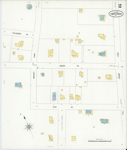 Sanborn Fire Insurance Map from Swarthmore, Delaware County, Pennsylvania (1909), Sheet #0002 - Historic Sanborn Fire Insurance Map Print, vintage old map wall art, antique decor, genealogy gift, Pennsylvania Pennsylvania map