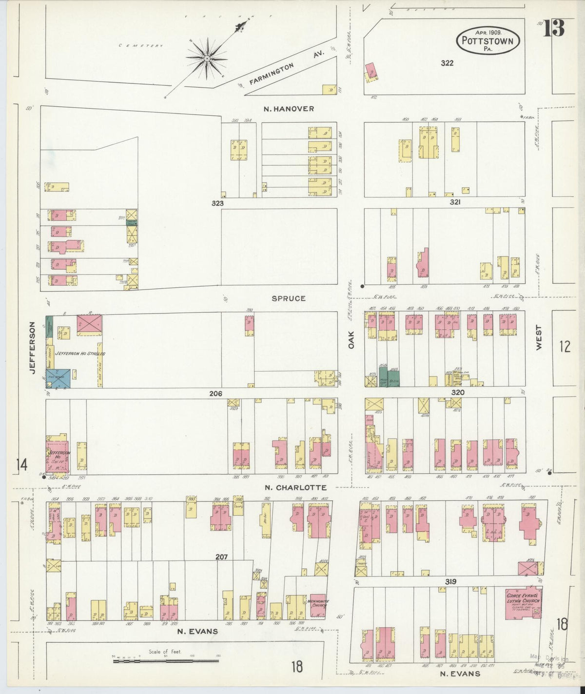 Sanborn Fire Insurance Map from Pottstown, Montgomery County, Pennsylvania (1909), Sheet #0013 - Complete Map Set gallery image, historic Sanborn map, vintage wall art, Pennsylvania Pennsylvania