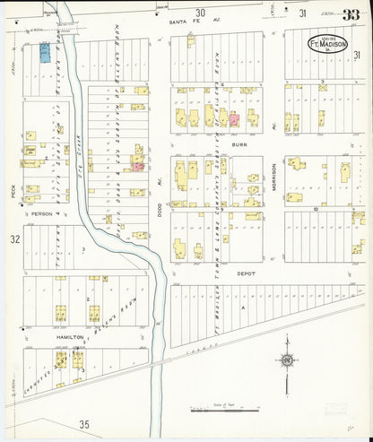 Sanborn Fire Insurance Map from Fort Madison, Lee County, Iowa (1913), Sheet #0033 - Historic Sanborn Fire Insurance Map Print, vintage old map wall art