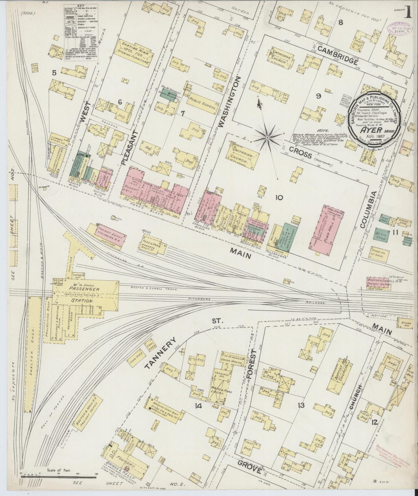 Sanborn Fire Insurance Map from Ayer, Middlesex County, Massachusetts (1887), Sheet #0001 - Historic Sanborn Fire Insurance Map Print, vintage old map wall art, antique decor, genealogy gift, Massachusetts Massachusetts map