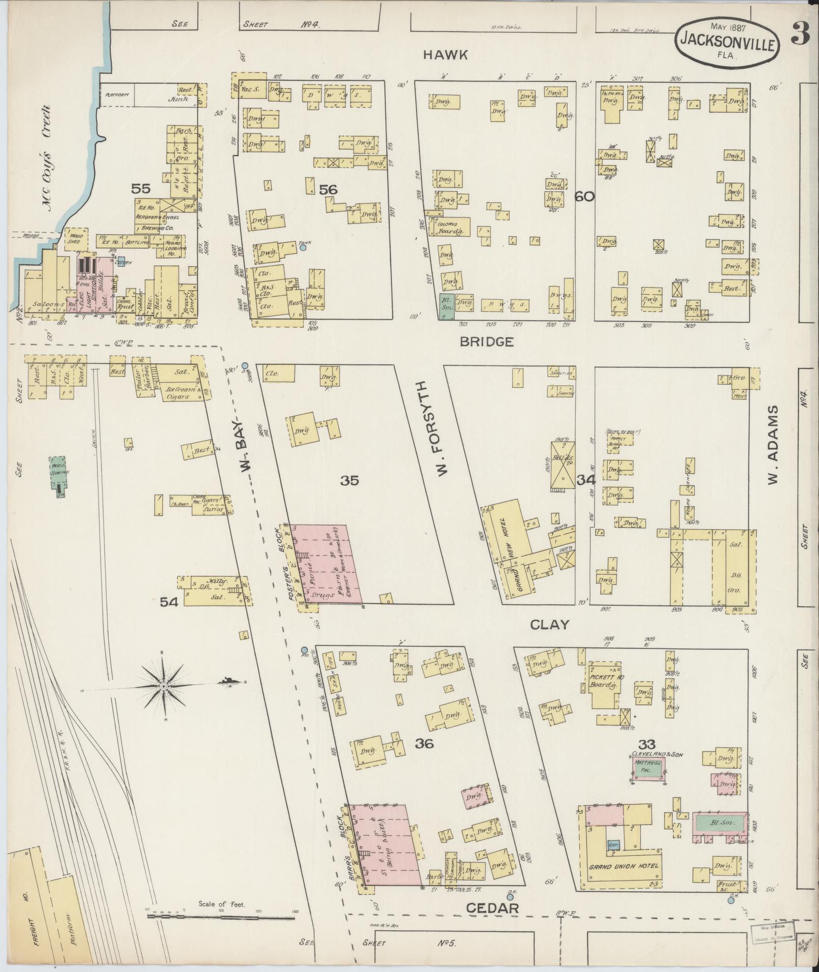 Sanborn Fire Insurance Map from Jacksonville, Duval County, Florida (1887), Sheet #0003 - Complete Map Set gallery image, historic Sanborn map, vintage wall art, Florida Florida