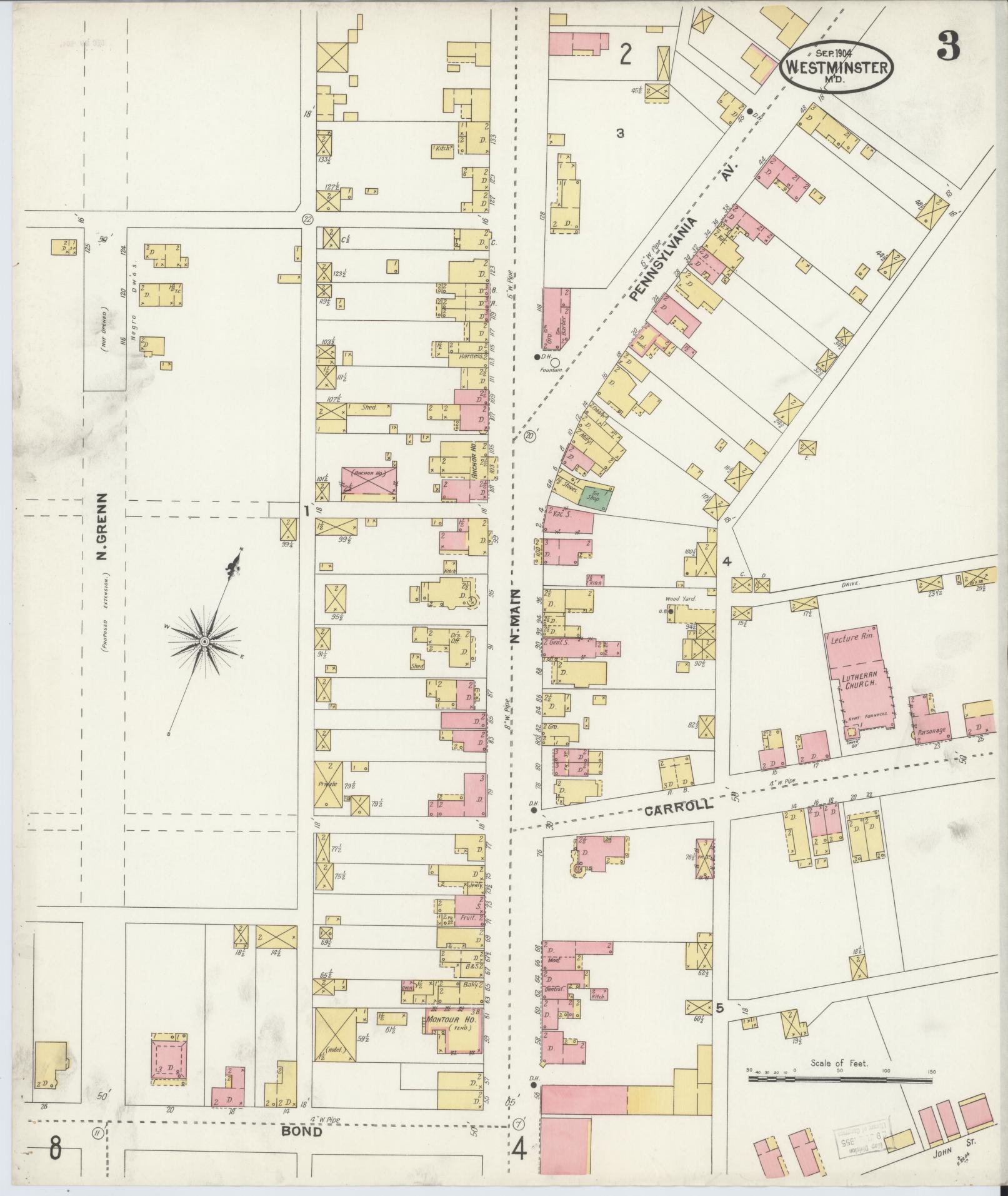Sanborn Fire Insurance Map from Westminster, Carroll County, Maryland (1904), Sheet #0003 - Historic Sanborn Fire Insurance Map Print, vintage old map wall art