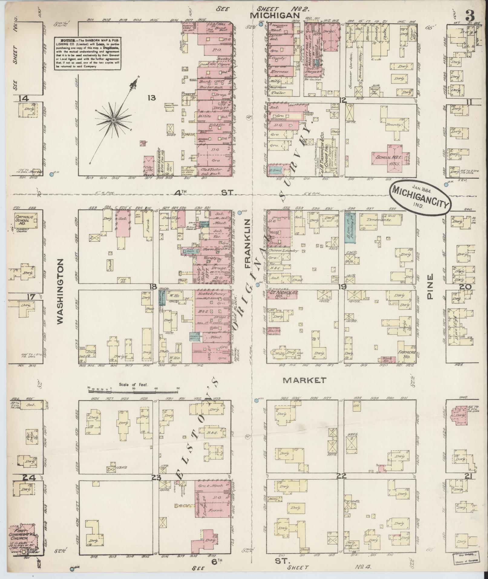 Sanborn Fire Insurance Map from Michigan City, La Porte  County, Indiana (1884), Sheet #0003 - Complete Map Set gallery image, historic Sanborn map, vintage wall art, Indiana Indiana