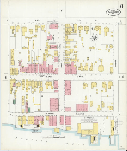 Sanborn Fire Insurance Map from Washington, Beaufort County, North Carolina (1901), Sheet #0008 - Historic Sanborn Fire Insurance Map Print, vintage old map wall art, antique decor, genealogy gift, Washington Washington map