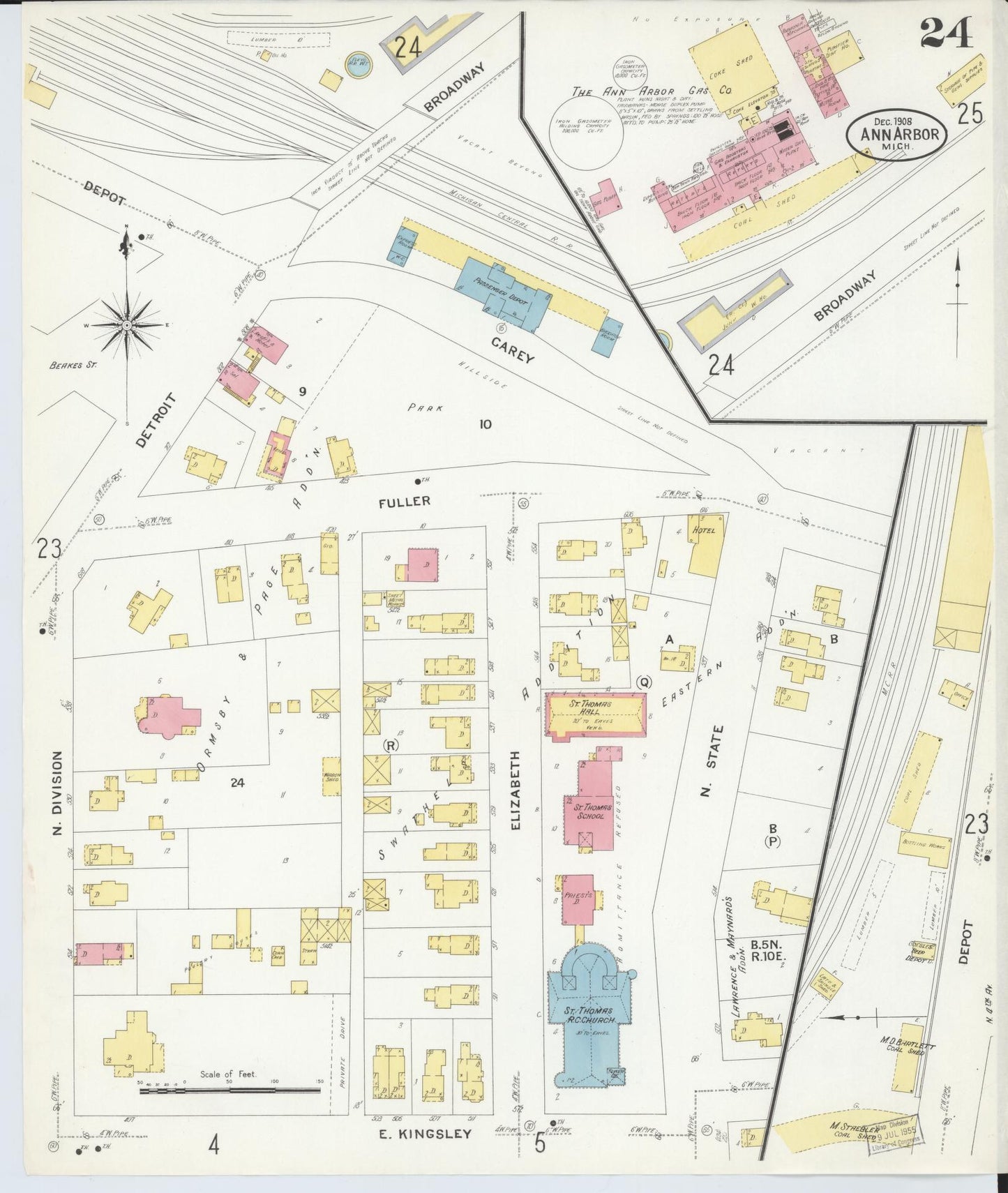 Sanborn Fire Insurance Map from Ann Arbor, Washtenaw County, Michigan (1908), Sheet #0024 - Historic Sanborn Fire Insurance Map Print, vintage old map wall art, antique decor, genealogy gift, Michigan Michigan map