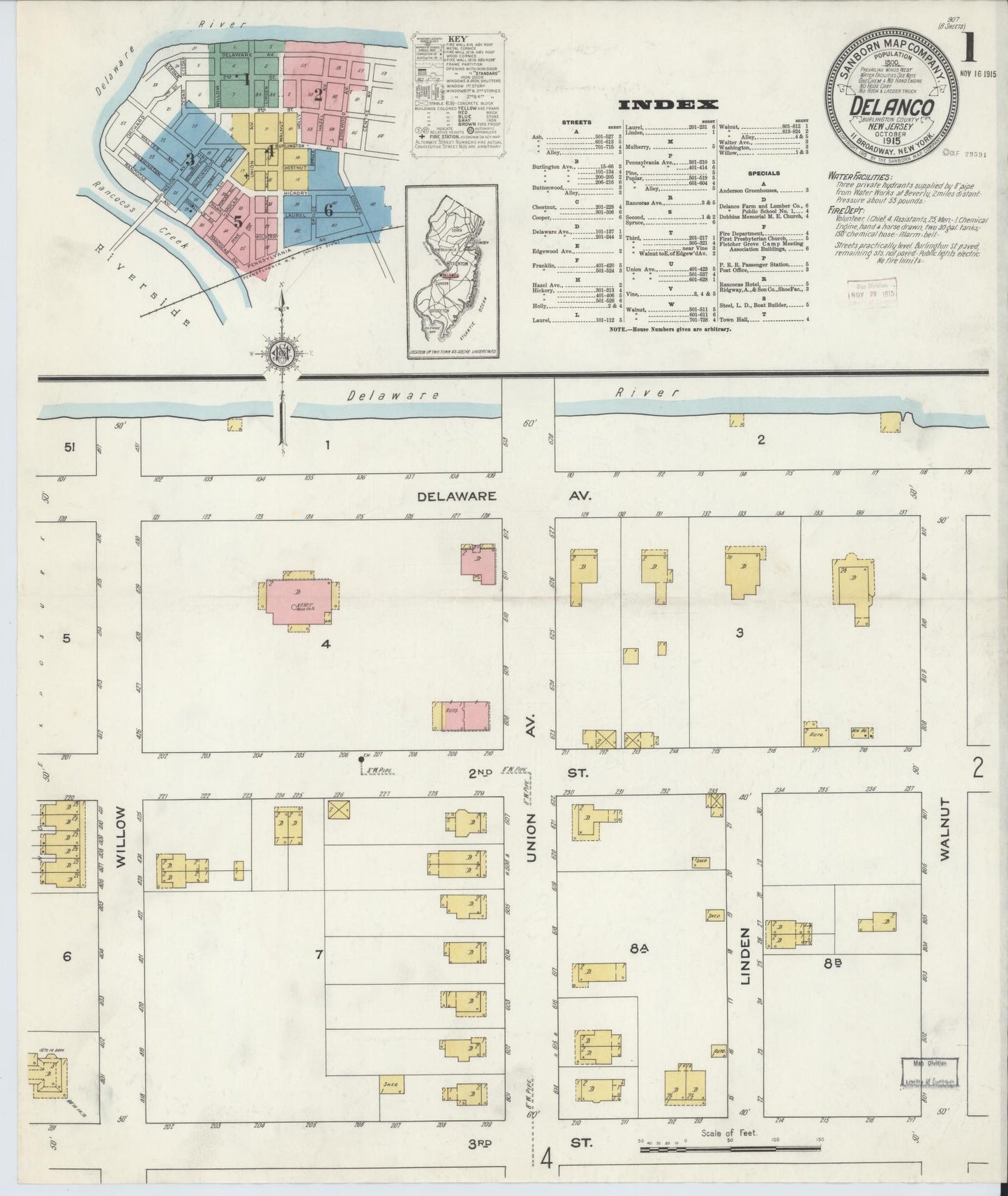 Sanborn Fire Insurance Map from Delanco, Burlington County, New Jersey (1915), Sheet #0001 - Historic Sanborn Fire Insurance Map Print, vintage old map wall art, antique decor, genealogy gift, New Jersey New Jersey map