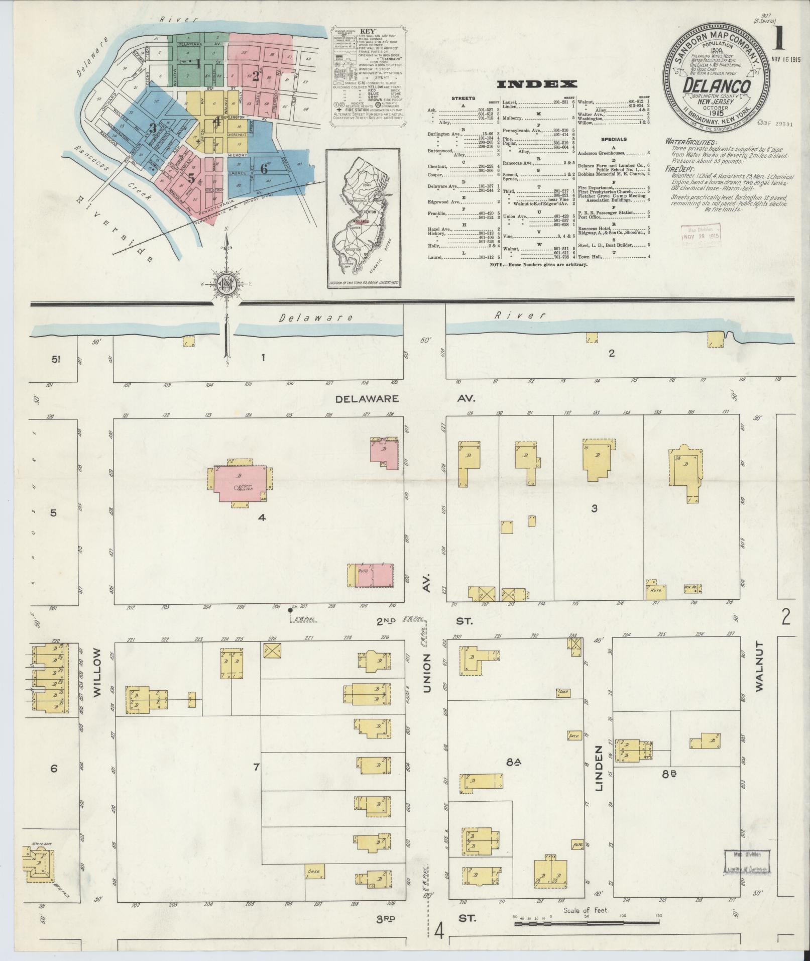 Sanborn Fire Insurance Map from Delanco, Burlington County, New Jersey (1915), Sheet #0001 - Historic Sanborn Fire Insurance Map Print, vintage old map wall art, antique decor, genealogy gift, New Jersey New Jersey map