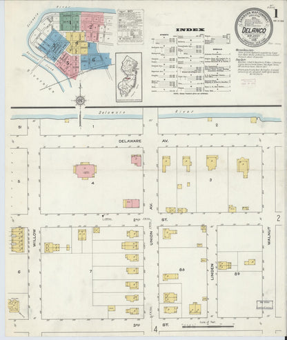 Sanborn Fire Insurance Map from Delanco, Burlington County, New Jersey (1915), Sheet #0001 - Historic Sanborn Fire Insurance Map Print, vintage old map wall art, antique decor, genealogy gift, New Jersey New Jersey map