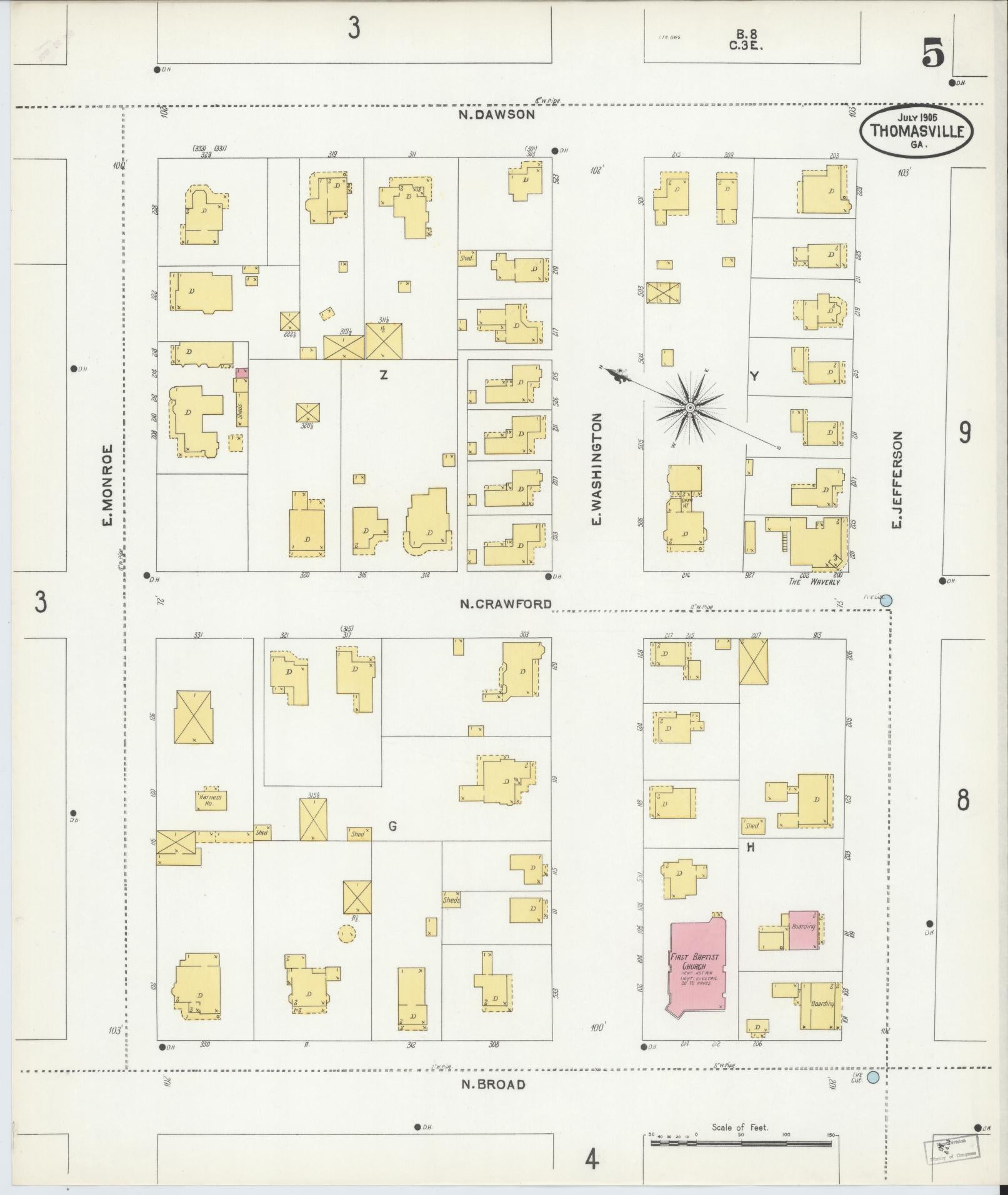 Sanborn Fire Insurance Map from Thomasville, Thomas County, Georgia (1905), Sheet #0005 - Historic Sanborn Fire Insurance Map Print, vintage old map wall art, antique decor, genealogy gift, Georgia Georgia map