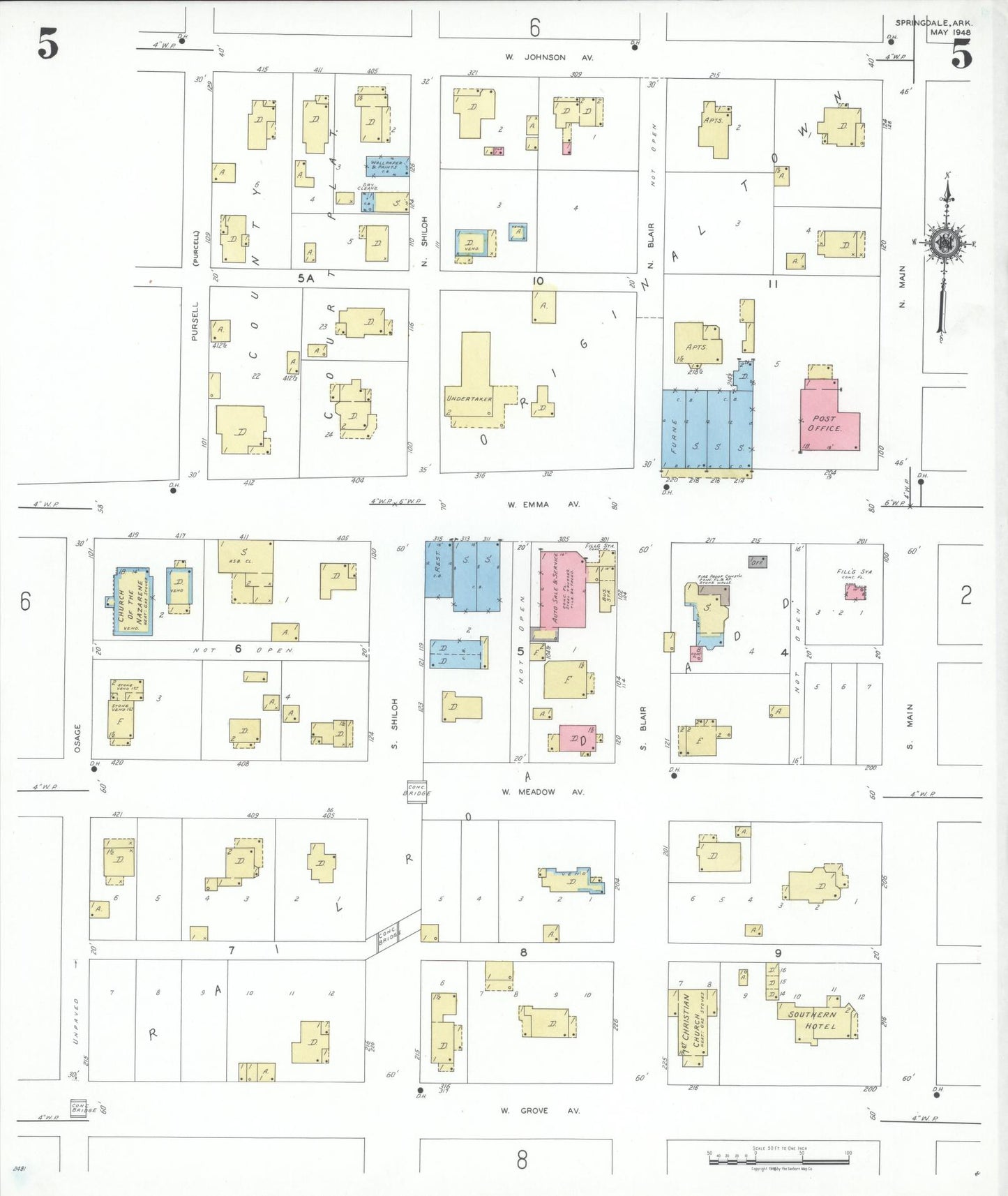 Sanborn Fire Insurance Map from Springdale, Washington County, Arkansas (1948), Sheet #0005 - Complete Map Set gallery image, historic Sanborn map, vintage wall art, Arkansas Arkansas