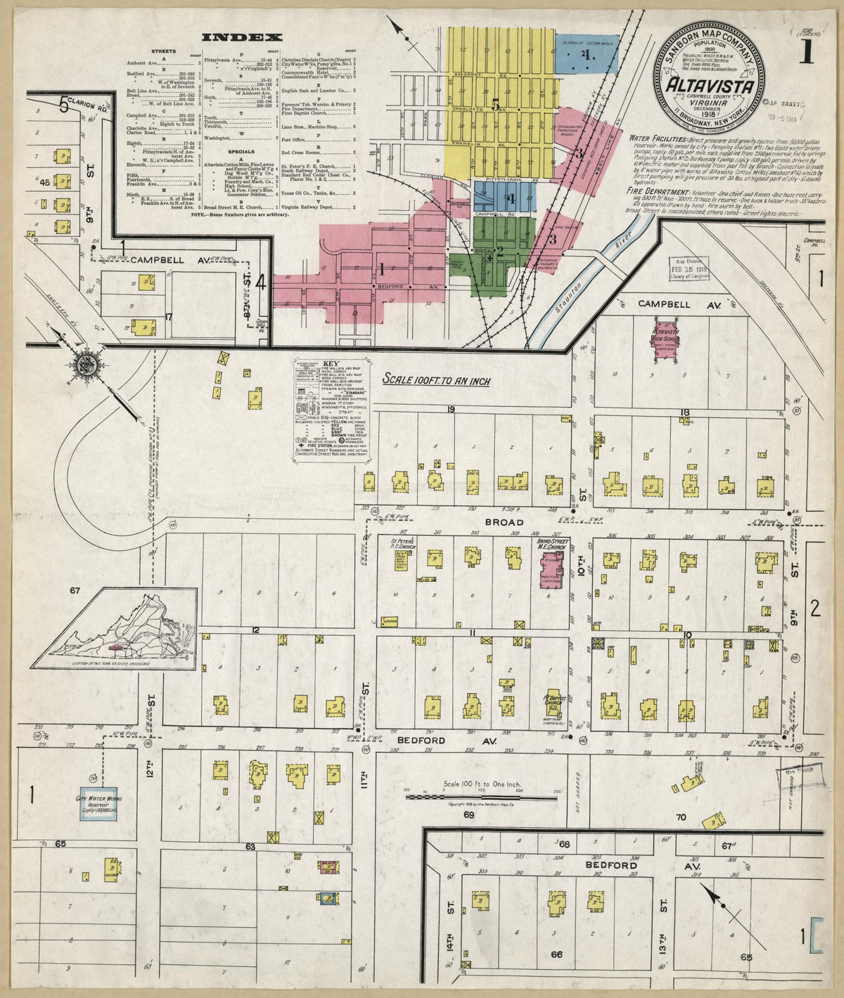Sanborn Fire Insurance Map from Altavista, Campbell County, Virginia (1918), Sheet #0001 - Historic Sanborn Fire Insurance Map Print, vintage old map wall art, antique decor, genealogy gift, Virginia Virginia map
