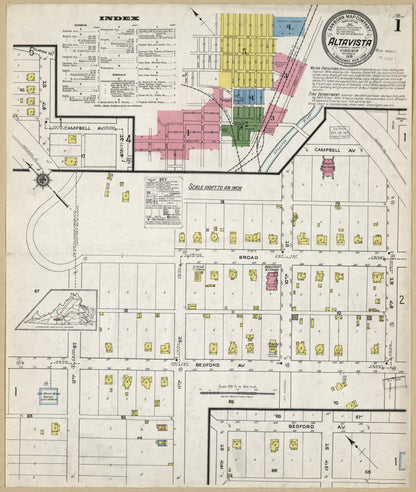 Sanborn Fire Insurance Map from Altavista, Campbell County, Virginia (1918), Sheet #0001 - Historic Sanborn Fire Insurance Map Print, vintage old map wall art, antique decor, genealogy gift, Virginia Virginia map