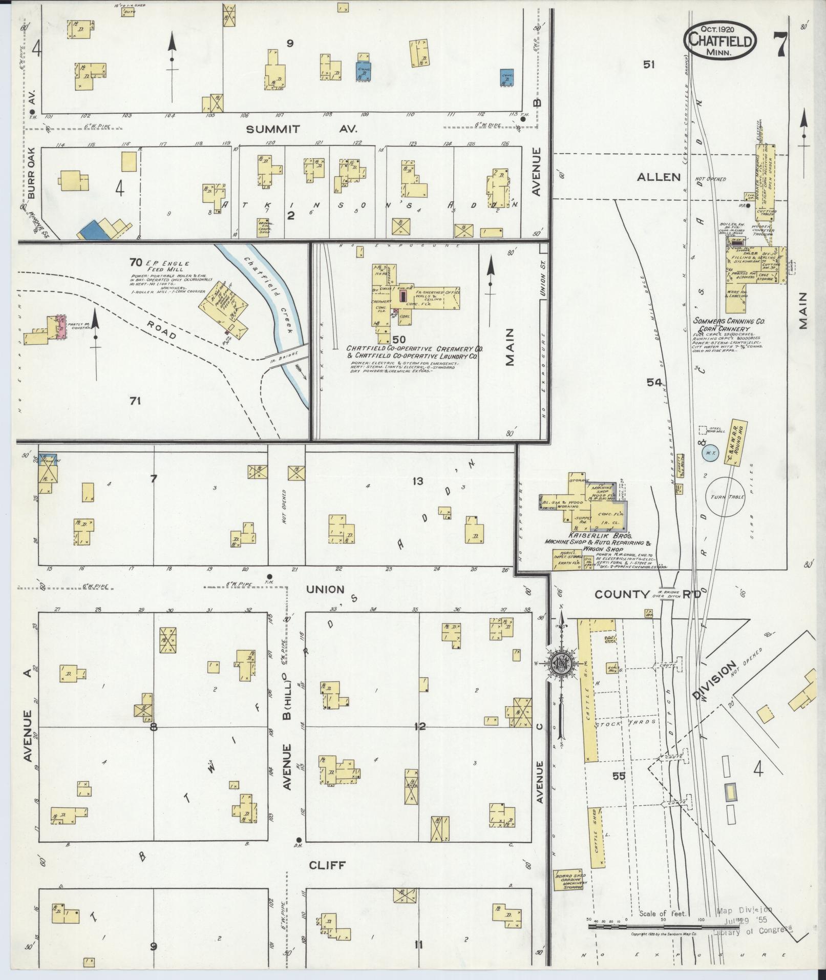 Sanborn Fire Insurance Map from Chatfield, Fillmore And Olmsted Counties, Minnesota (1920), Sheet #0007 - Historic Sanborn Fire Insurance Map Print, vintage old map wall art, antique decor, genealogy gift, Minnesota Minnesota map