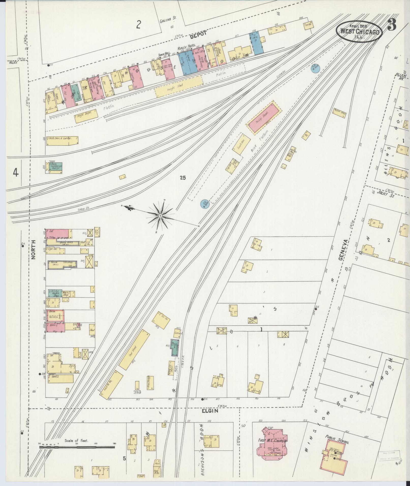 Sanborn Fire Insurance Map from West Chicago, Du Page County, Illinois (1905), Sheet #0003 - Complete Map Set gallery image, historic Sanborn map, vintage wall art, Illinois Illinois