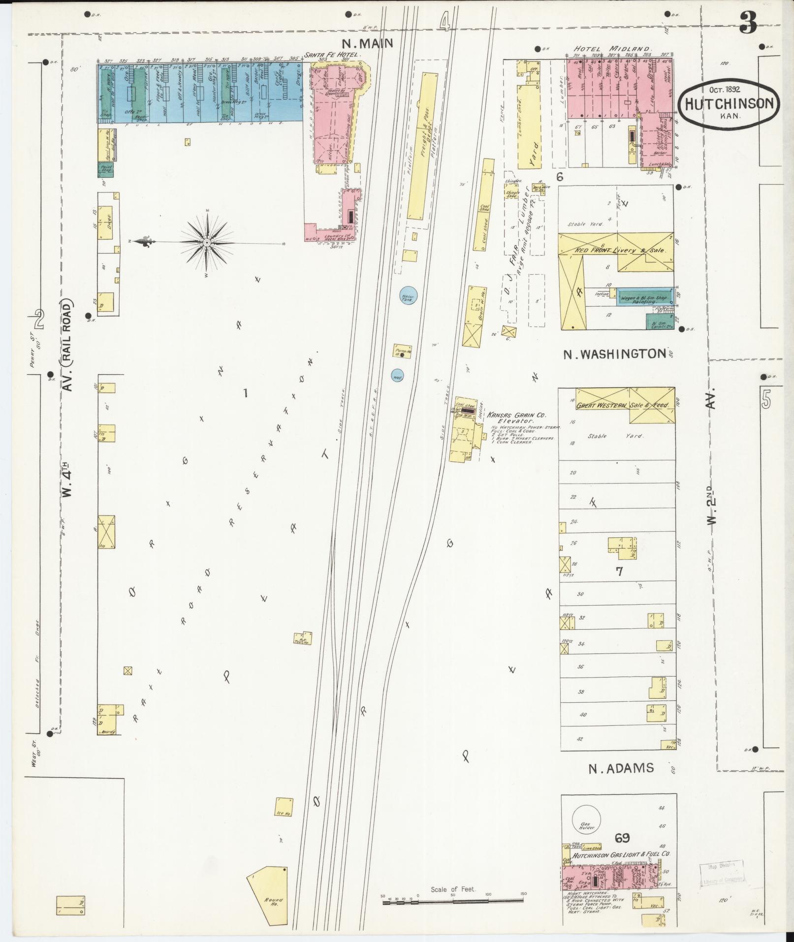 Sanborn Fire Insurance Map from Hutchinson, Reno County, Kansas (1892), Sheet #0003 - Complete Map Set gallery image, historic Sanborn map, vintage wall art, Kansas Kansas