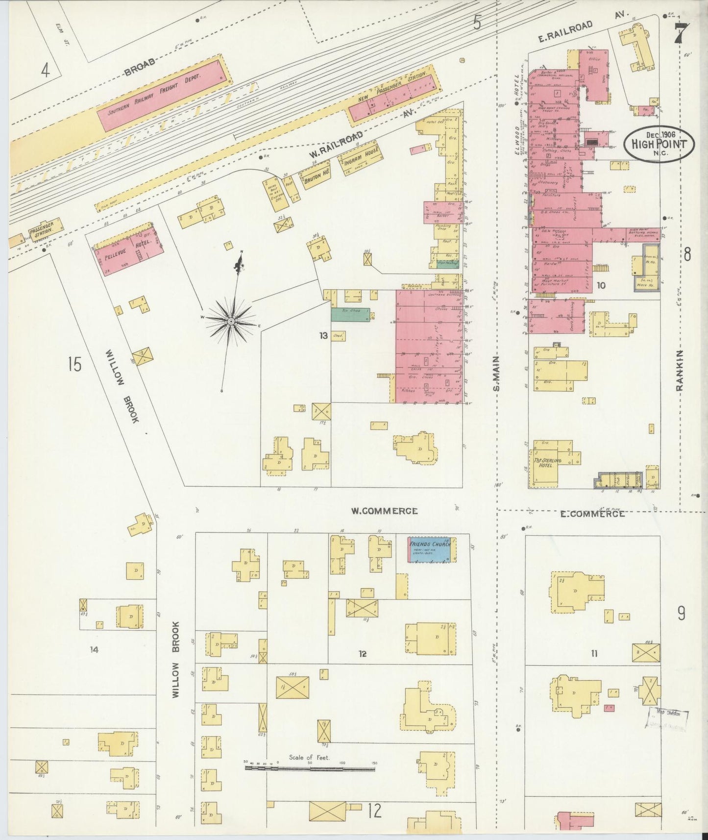 Sanborn Fire Insurance Map from High Point, Guilford County, North Carolina (1906), Sheet #0007 - Historic Sanborn Fire Insurance Map Print, vintage old map wall art, antique decor, genealogy gift, North Carolina North Carolina map