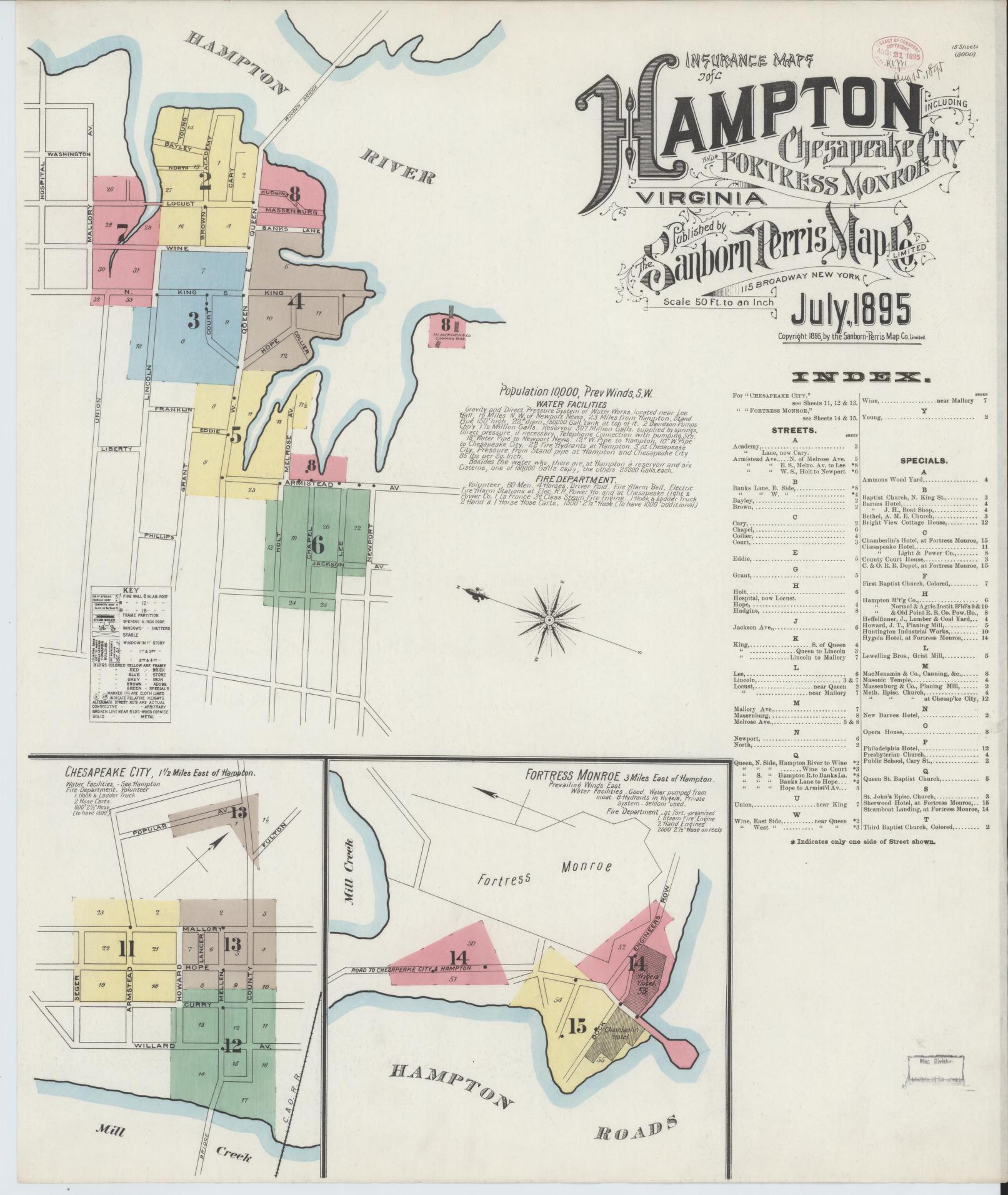 Sanborn Fire Insurance Map from Hampton, Independent Cities, Virginia (1895), Sheet #0001 - Complete Map Set gallery image, historic Sanborn map, vintage wall art, Virginia Virginia