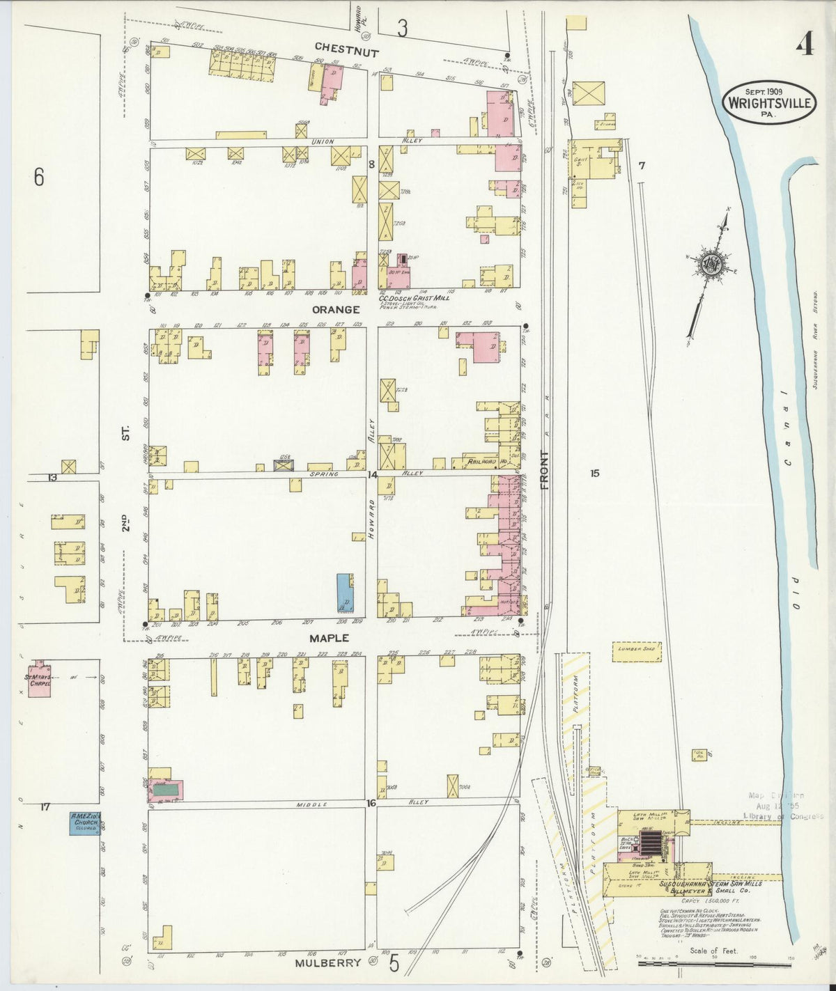Sanborn Fire Insurance Map from Wrightsville, York County, Pennsylvania (1909), Sheet #0004 - Historic Sanborn Fire Insurance Map Print, vintage old map wall art, antique decor, genealogy gift, Pennsylvania Pennsylvania map