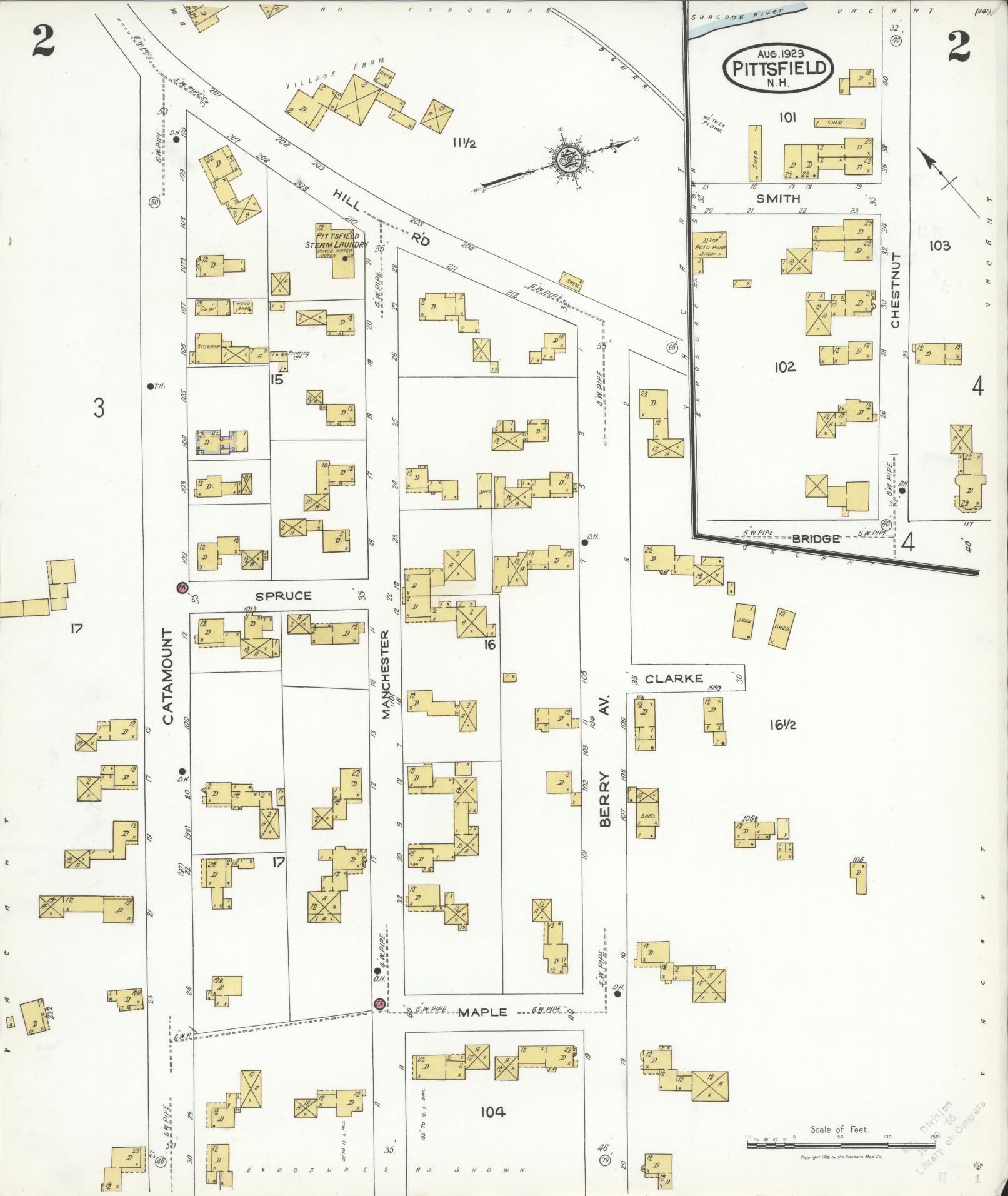 Sanborn Fire Insurance Map from Pittsfield, Merrimack County, New Hampshire (1923), Sheet #0002 - Complete Map Set gallery image, historic Sanborn map, vintage wall art, New Hampshire New Hampshire