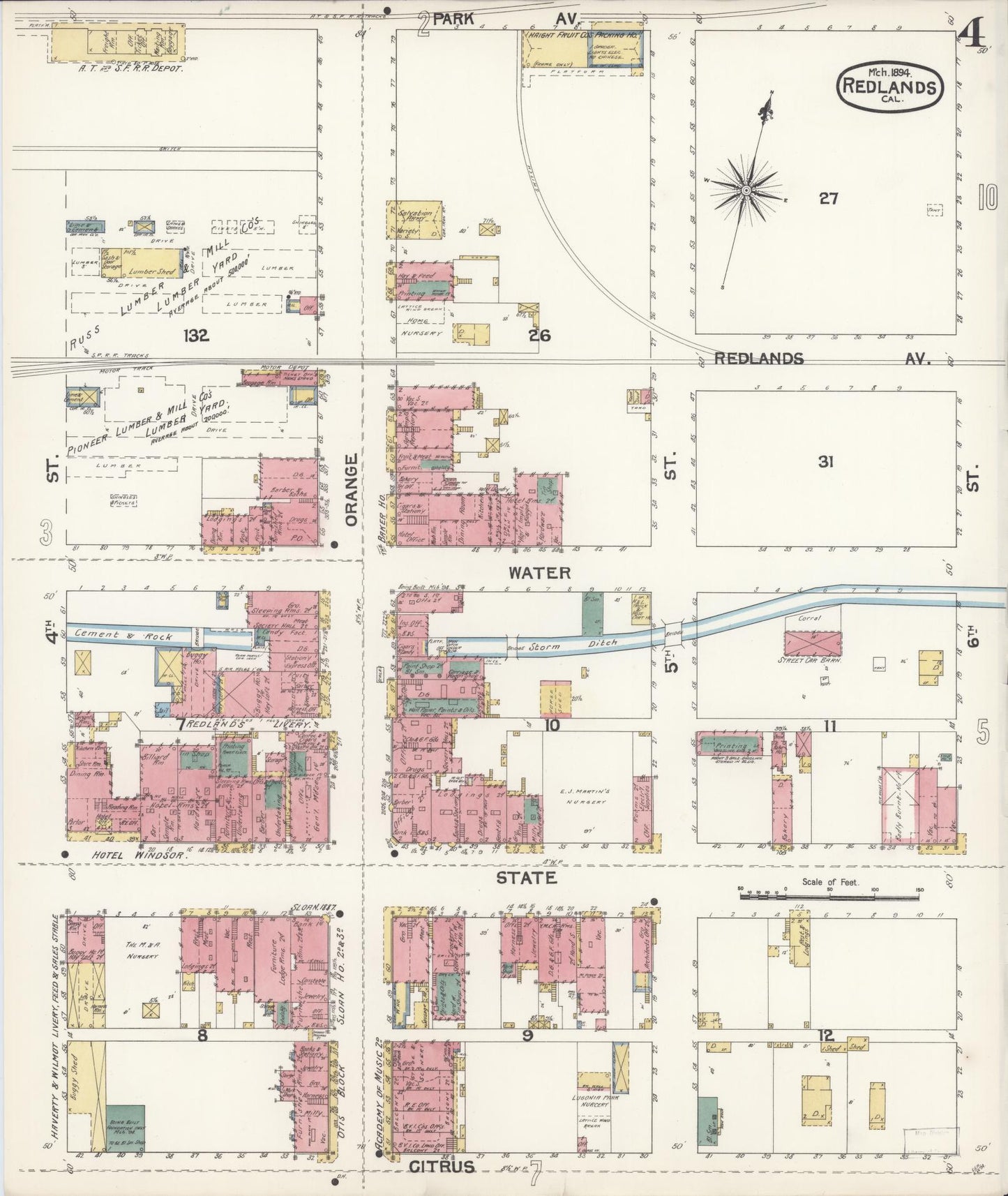 Sanborn Fire Insurance Map from Redlands, San Bernardino County, California (1894), Sheet #0004 - Complete Map Set gallery image, historic Sanborn map, vintage wall art, California California