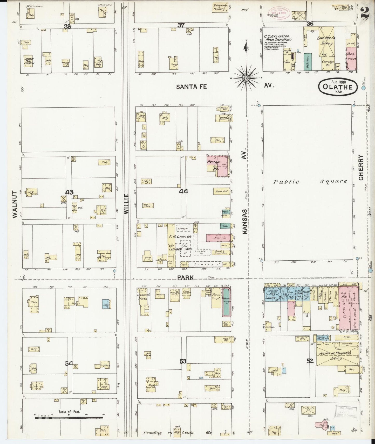 Sanborn Fire Insurance Map from Olathe, Johnson County, Kansas (1888), Sheet #0002 - Complete Map Set gallery image, historic Sanborn map, vintage wall art, Kansas Kansas