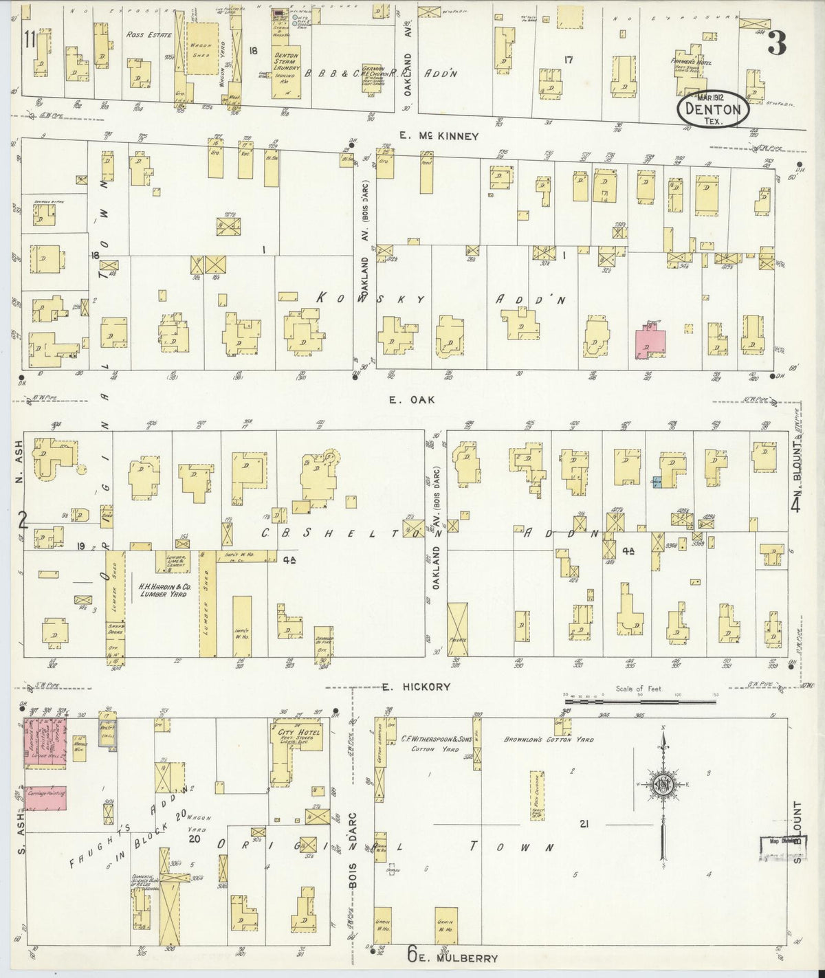 Sanborn Fire Insurance Map from Denton, Denton County, Texas (1912), Sheet #0003 - Historic Sanborn Fire Insurance Map Print, vintage old map wall art, antique decor, genealogy gift, Texas Texas map