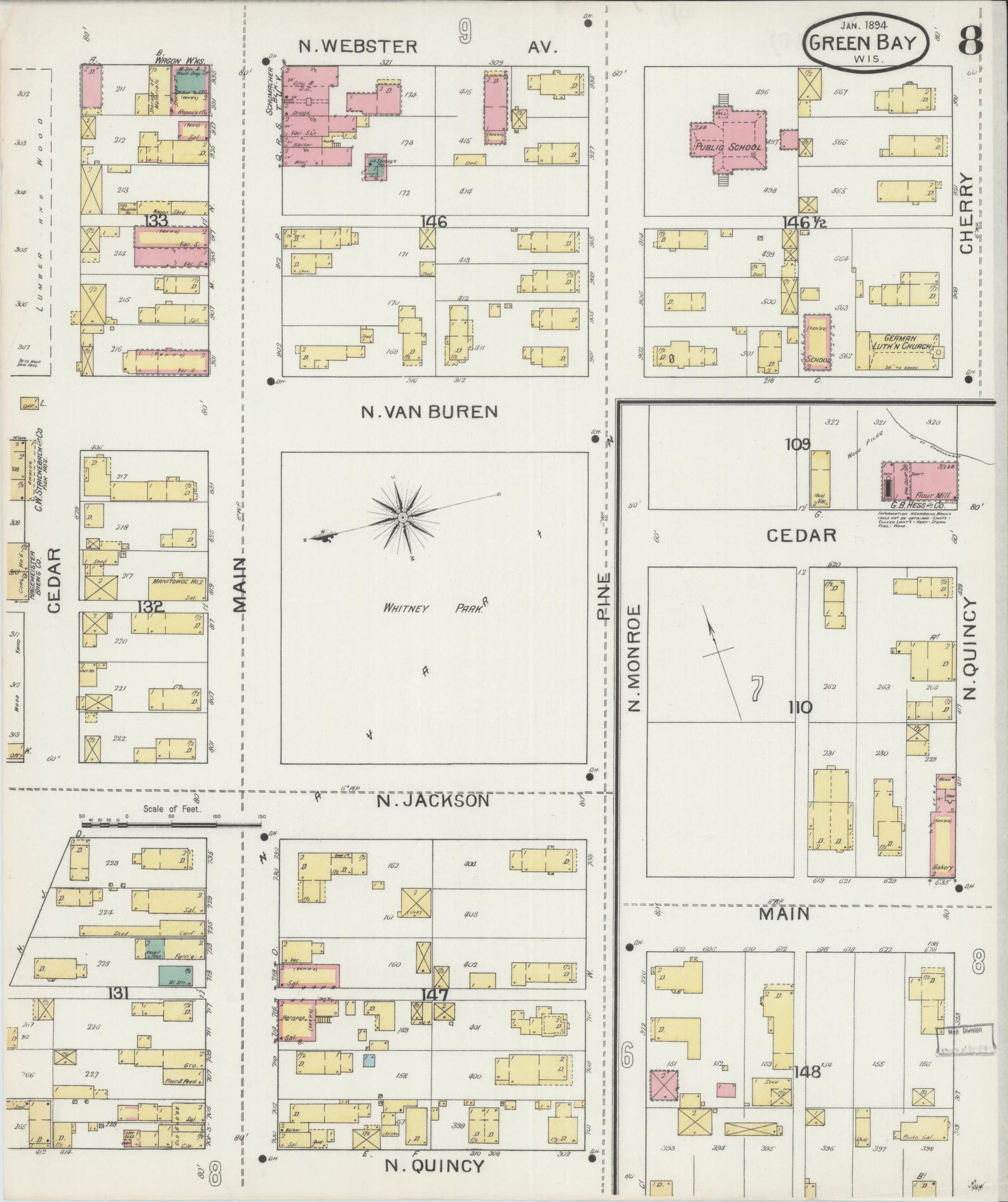 Sanborn Fire Insurance Map from Green Bay, Brown County, Wisconsin (1894), Sheet #0008 - Complete Map Set gallery image, historic Sanborn map, vintage wall art, Wisconsin Wisconsin