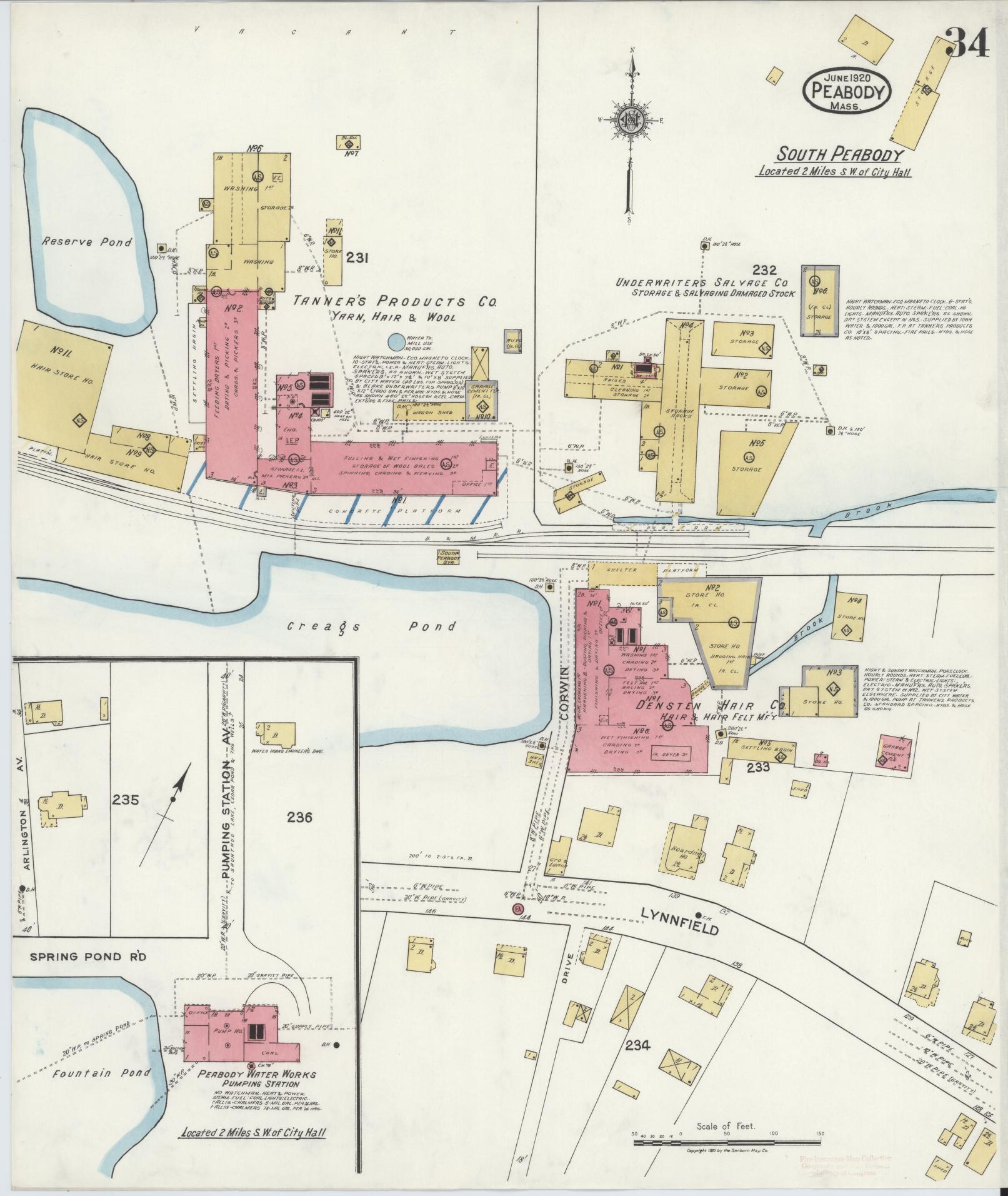 Sanborn Fire Insurance Map from Peabody, Essex County, Massachusetts (1920), Sheet #0034 - Historic Sanborn Fire Insurance Map Print, vintage old map wall art, antique decor, genealogy gift, Massachusetts Massachusetts map