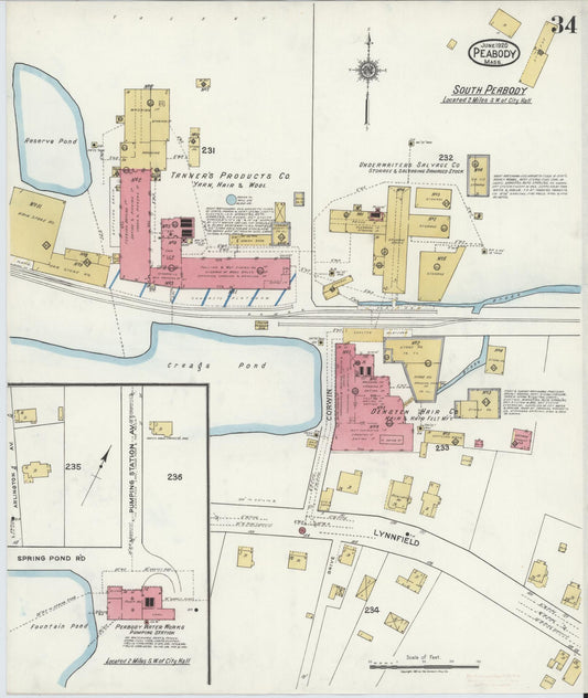 Sanborn Fire Insurance Map from Peabody, Essex County, Massachusetts (1920), Sheet #0034 - Historic Sanborn Fire Insurance Map Print, vintage old map wall art, antique decor, genealogy gift, Massachusetts Massachusetts map
