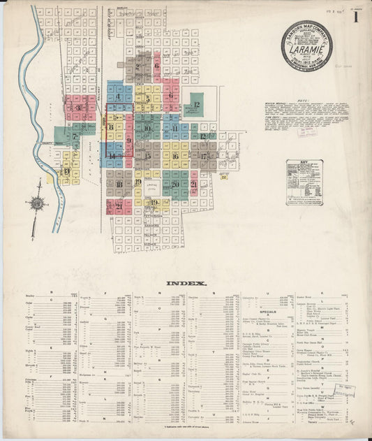 Sanborn Fire Insurance Map from Laramie, Albany County, Wyoming (1912), Sheet #0001 - Historic Sanborn Fire Insurance Map Print, vintage old map wall art, antique decor, genealogy gift, Wyoming Wyoming map