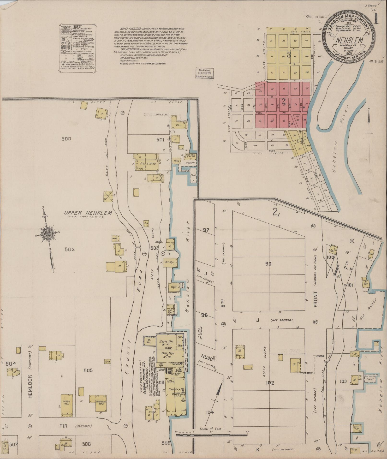 Sanborn Fire Insurance Map from Nehalem, Tillamook County, Oregon (1921), Sheet #0001 - Complete Map Set gallery image, historic Sanborn map, vintage wall art, Oregon Oregon