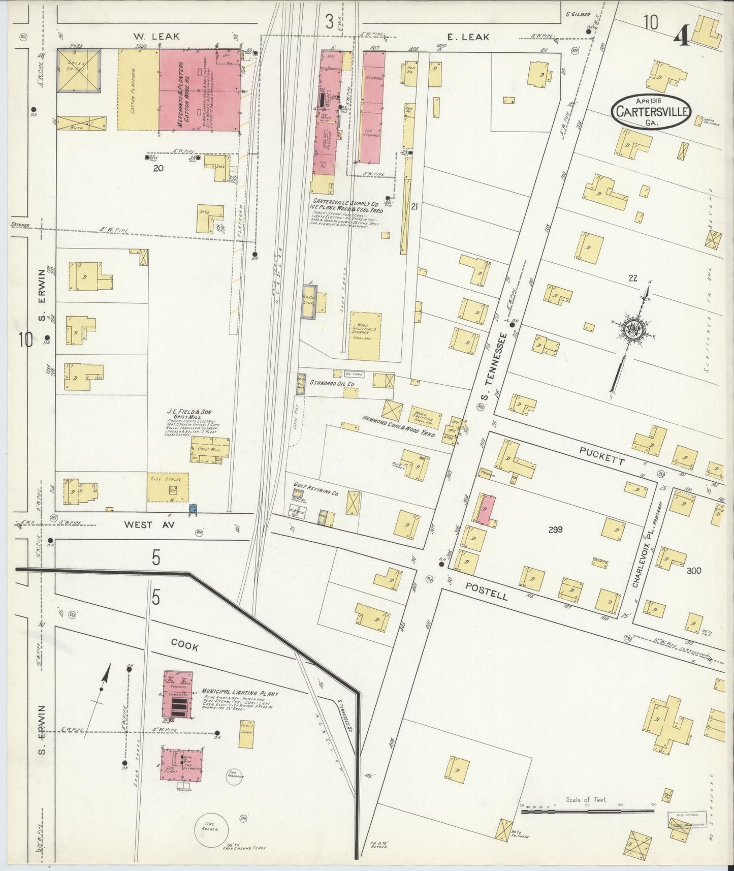 Sanborn Fire Insurance Map from Cartersville, Bartow County, Georgia (1916), Sheet #0004 - Complete Map Set gallery image, historic Sanborn map, vintage wall art, Georgia Georgia