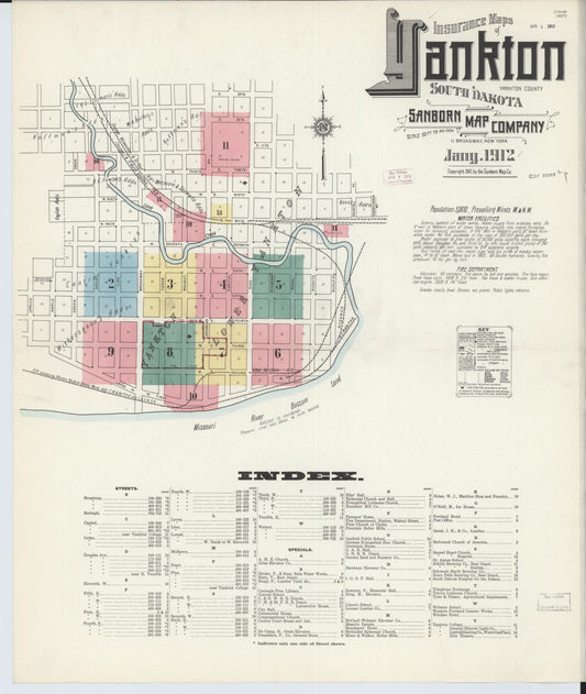 Sanborn Fire Insurance Map from Yankton, Yankton County, South Dakota (1912), Sheet #0001 - Historic Sanborn Fire Insurance Map Print, vintage old map wall art, antique decor, genealogy gift, South Dakota South Dakota map