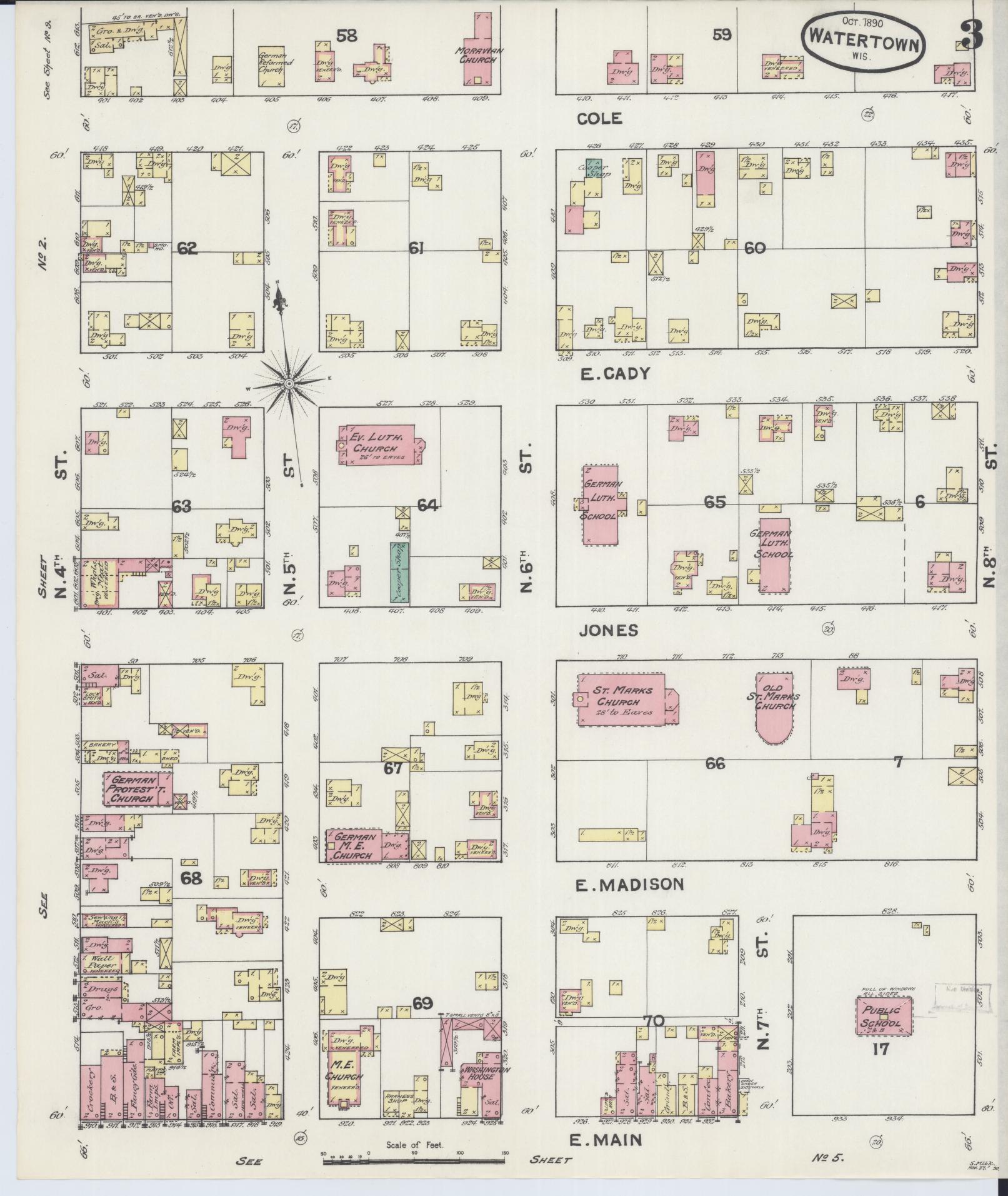 Sanborn Fire Insurance Map from Watertown, Jefferson County, Wisconsin (1890), Sheet #0003 - Complete Map Set gallery image, historic Sanborn map, vintage wall art, Wisconsin Wisconsin