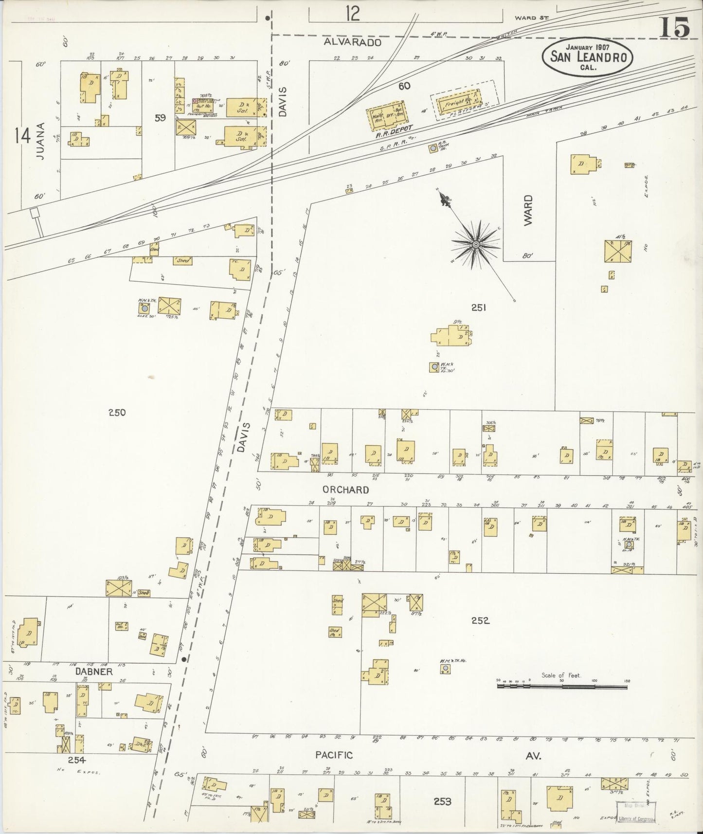 Sanborn Fire Insurance Map from San Leandro, Alameda County, California (1907), Sheet #0015 - Complete Map Set gallery image, historic Sanborn map, vintage wall art, California California