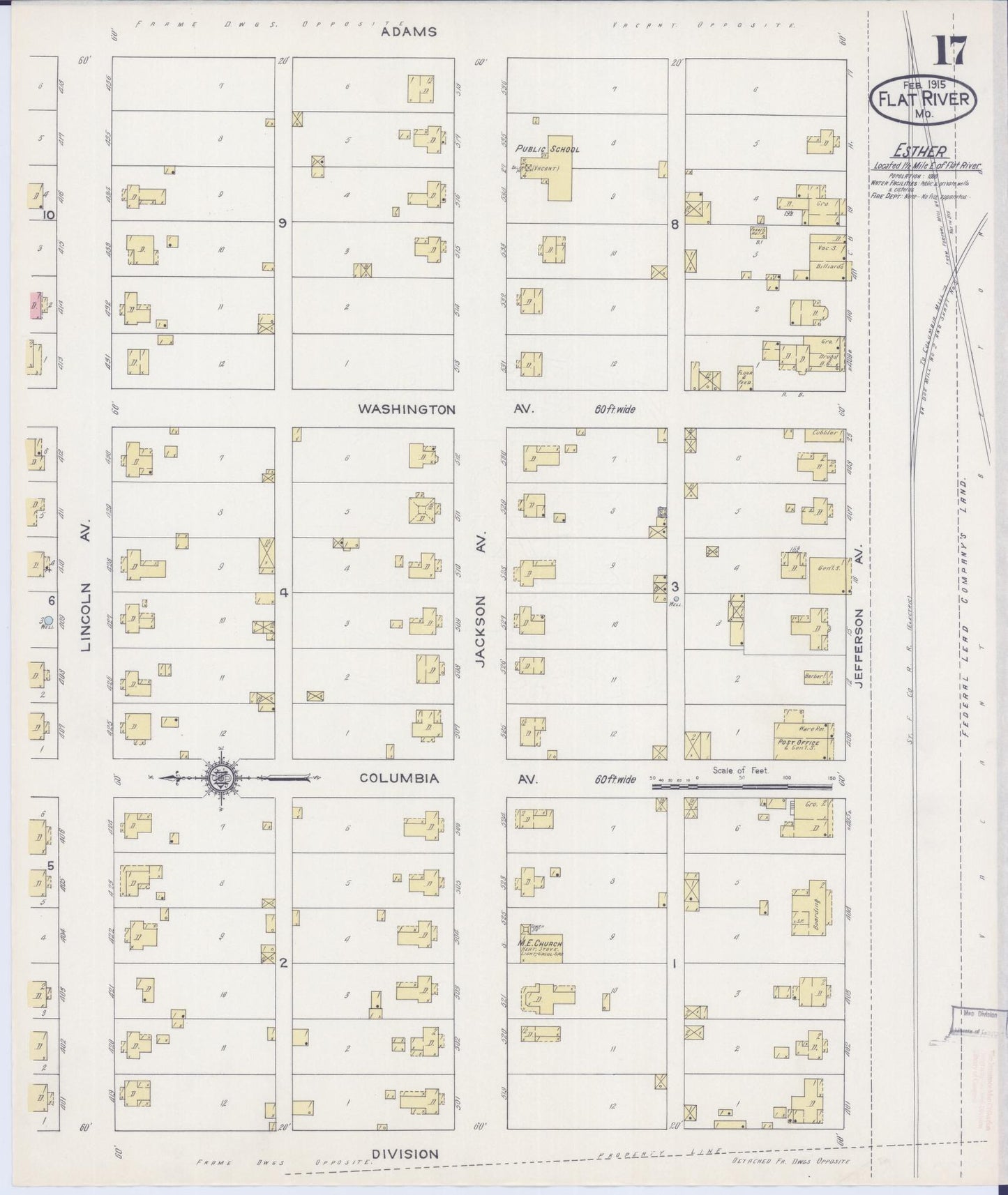 Sanborn Fire Insurance Map from Flat River, Saint Francois County, Missouri (1915), Sheet #0017 - Historic Sanborn Fire Insurance Map Print, vintage old map wall art, antique decor, genealogy gift, Missouri Missouri map