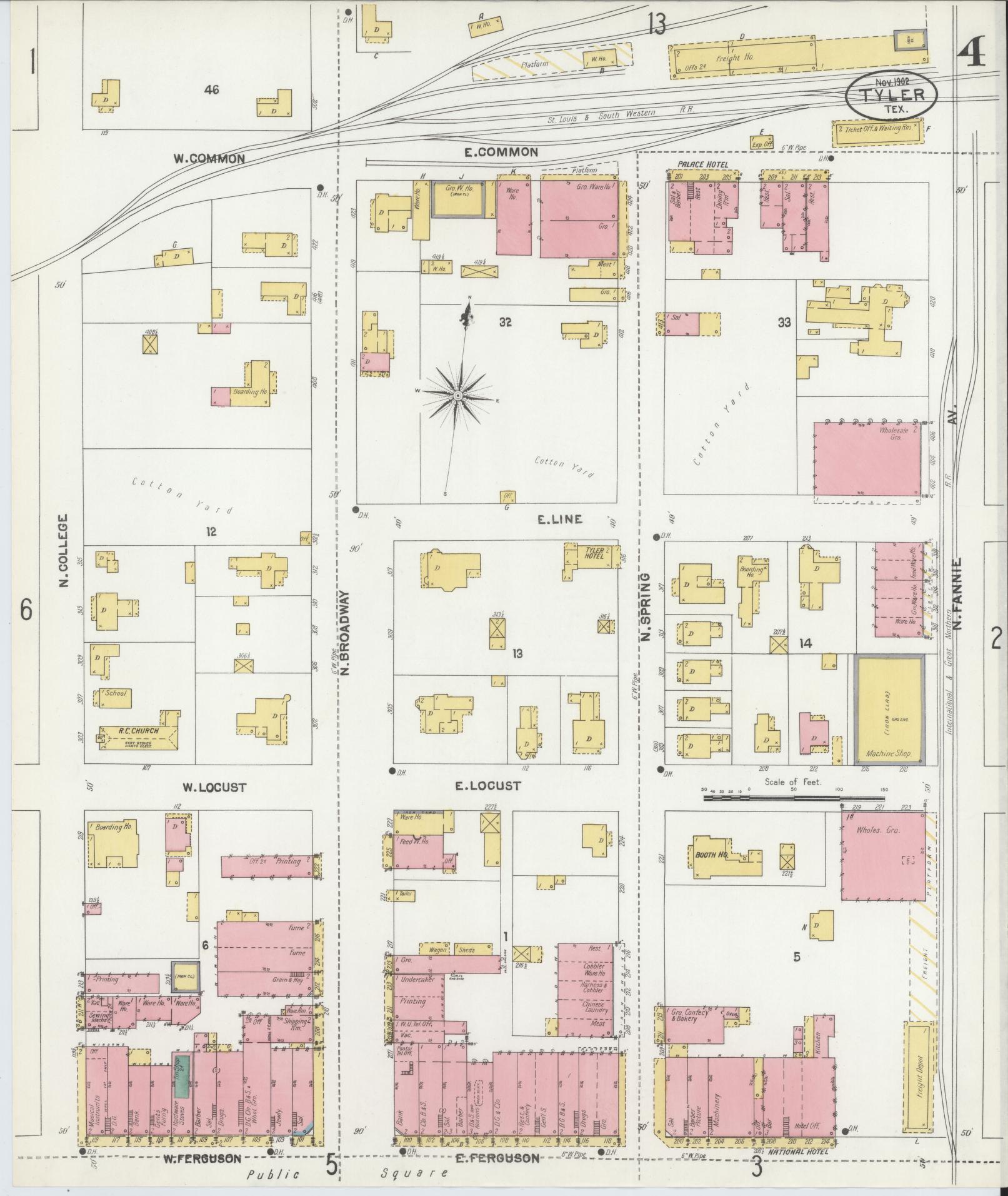 Sanborn Fire Insurance Map from Tyler, Smith County, Texas (1902), Sheet #0004 - Historic Sanborn Fire Insurance Map Print, vintage old map wall art, antique decor, genealogy gift, Texas Texas map