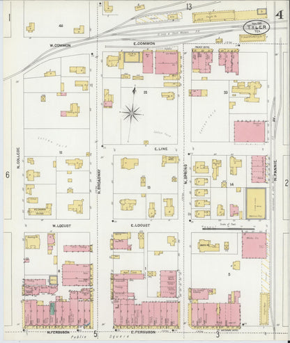 Sanborn Fire Insurance Map from Tyler, Smith County, Texas (1902), Sheet #0004 - Historic Sanborn Fire Insurance Map Print, vintage old map wall art, antique decor, genealogy gift, Texas Texas map