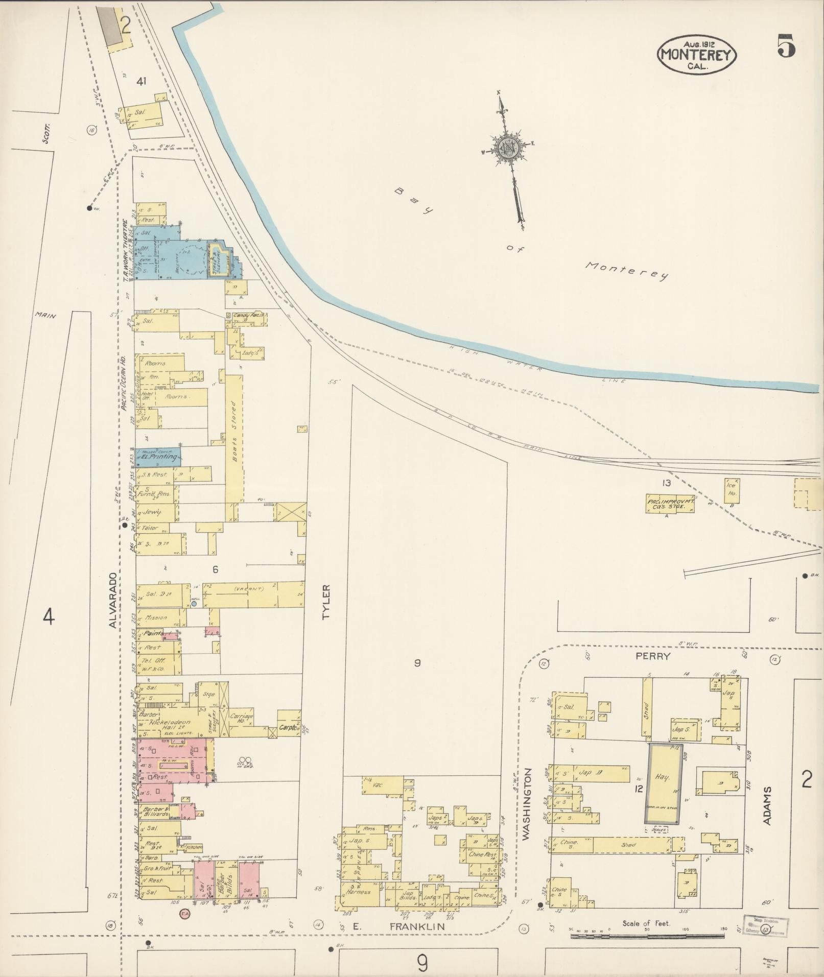 Sanborn Fire Insurance Map from Monterey, Monterey County, California (1912), Sheet #0005 - Historic Sanborn Fire Insurance Map Print, vintage old map wall art, antique decor, genealogy gift, California California map