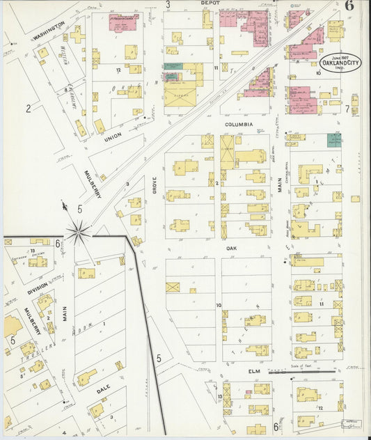 Sanborn Fire Insurance Map from Oakland City, Gibson County, Indiana (1907), Sheet #0006 - Historic Sanborn Fire Insurance Map Print, vintage old map wall art, antique decor, genealogy gift, Indiana Indiana map