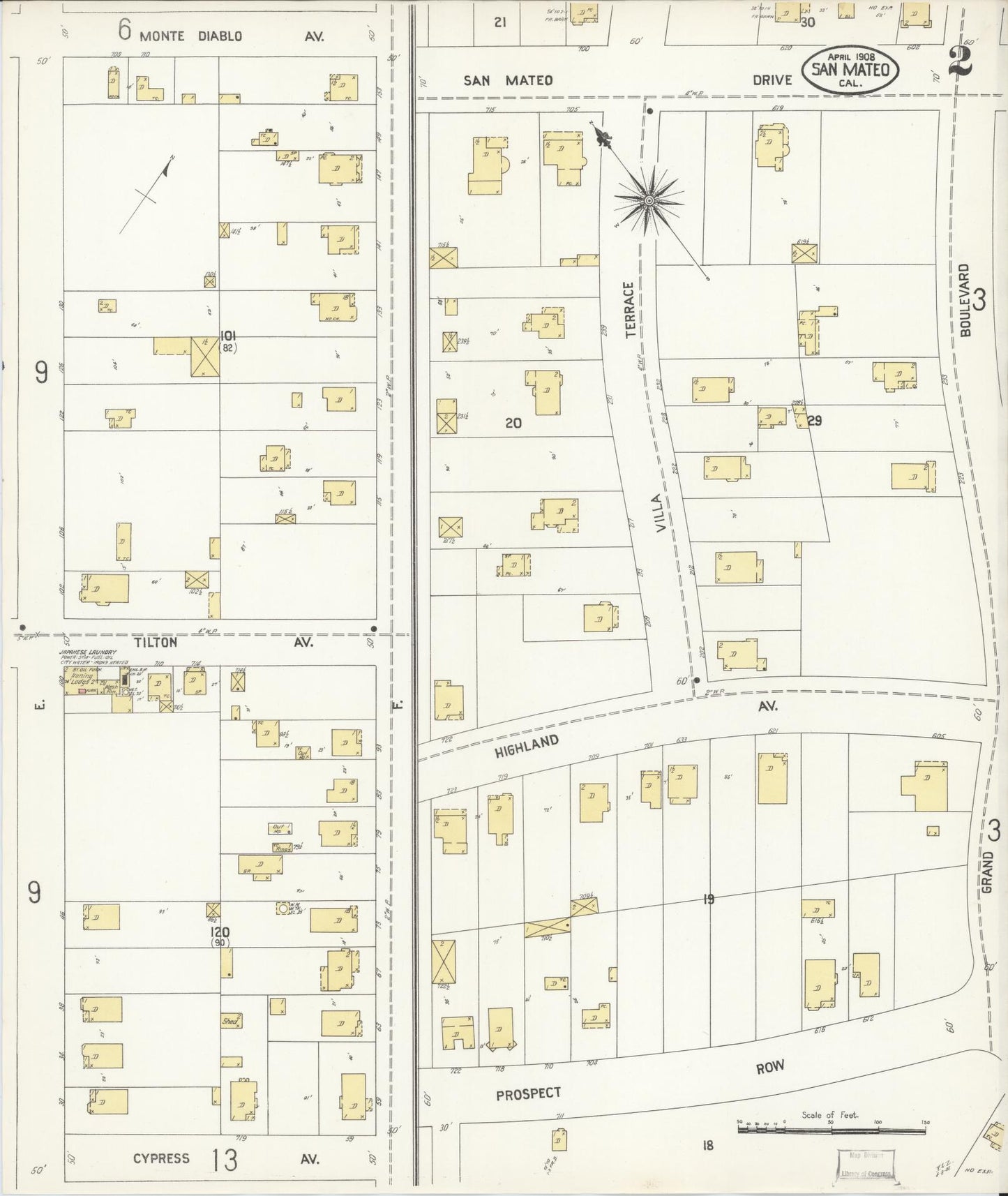 Sanborn Fire Insurance Map from San Mateo, San Mateo County, California (1908), Sheet #0002 - Complete Map Set gallery image, historic Sanborn map, vintage wall art, California California