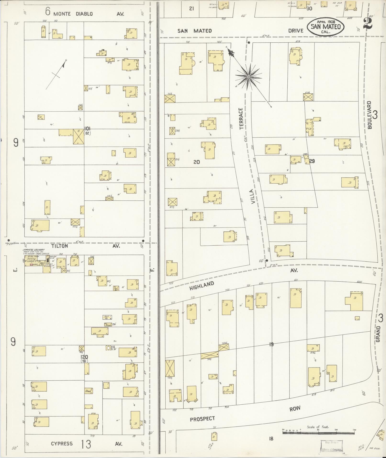 Sanborn Fire Insurance Map from San Mateo, San Mateo County, California (1908), Sheet #0002 - Complete Map Set gallery image, historic Sanborn map, vintage wall art, California California