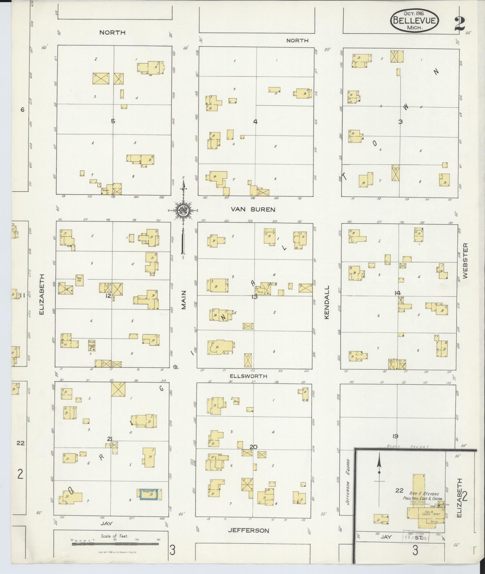 Sanborn Fire Insurance Map from Bellevue, Eaton County, Michigan (1916), Sheet #0002 - Historic Sanborn Fire Insurance Map Print, vintage old map wall art, antique decor, genealogy gift, Michigan Michigan map