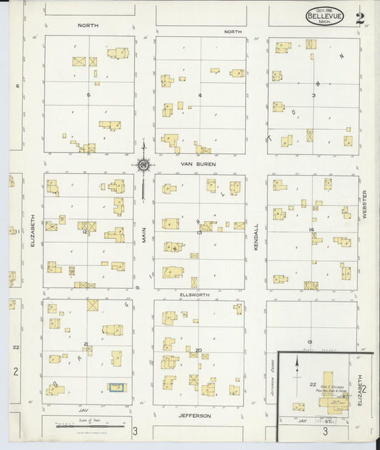 Sanborn Fire Insurance Map from Bellevue, Eaton County, Michigan (1916), Sheet #0002 - Historic Sanborn Fire Insurance Map Print, vintage old map wall art, antique decor, genealogy gift, Michigan Michigan map
