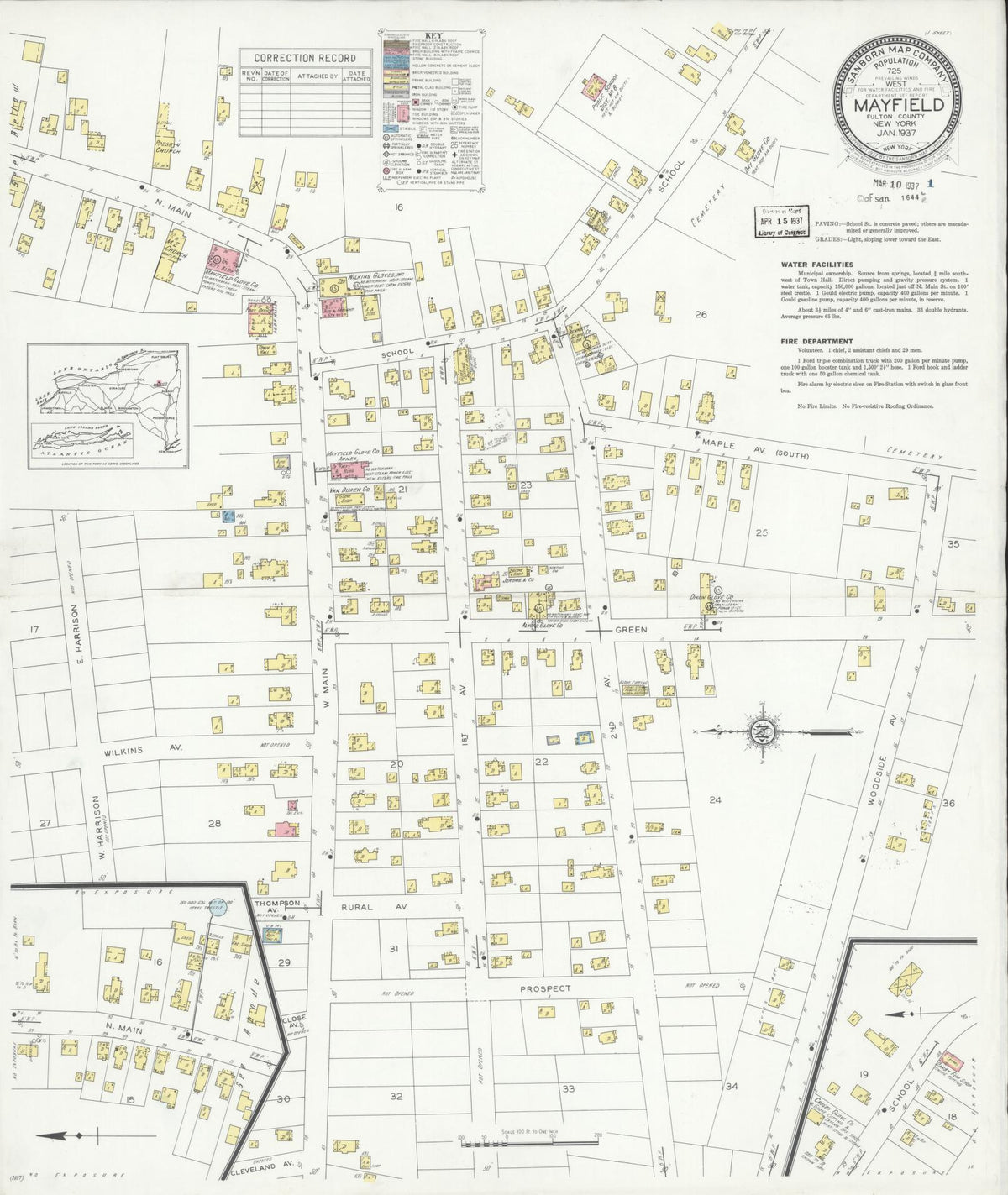 Sanborn Fire Insurance Map from Mayfield, Fulton County, New York (1937), Sheet #0001 - Historic Sanborn Fire Insurance Map Print, vintage old map wall art, antique decor, genealogy gift, New York New York map
