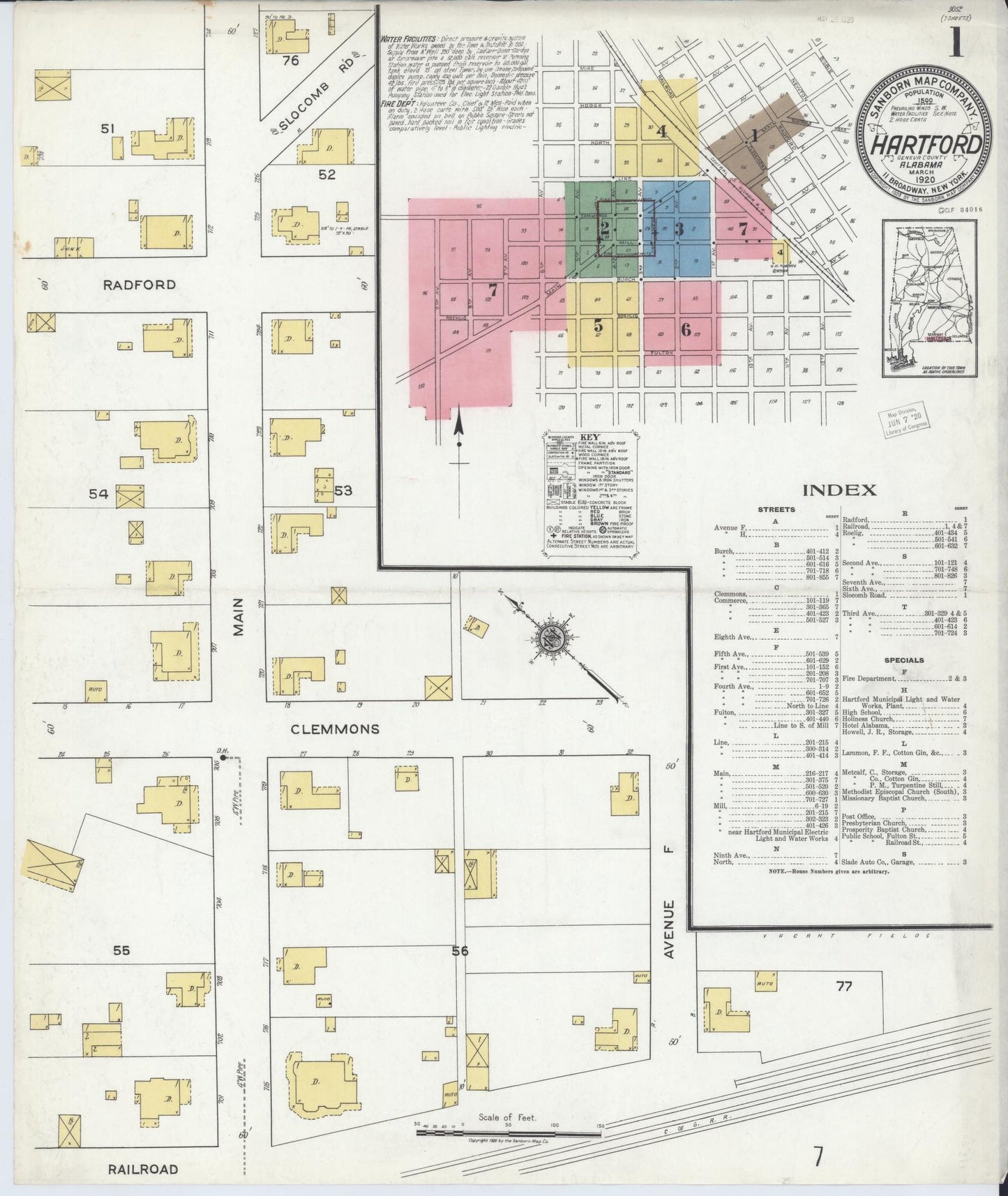 Sanborn Fire Insurance Map from Hartford, Geneva County, Alabama (1920), Sheet #0001 - Complete Map Set gallery image, historic Sanborn map, vintage wall art, Alabama Alabama